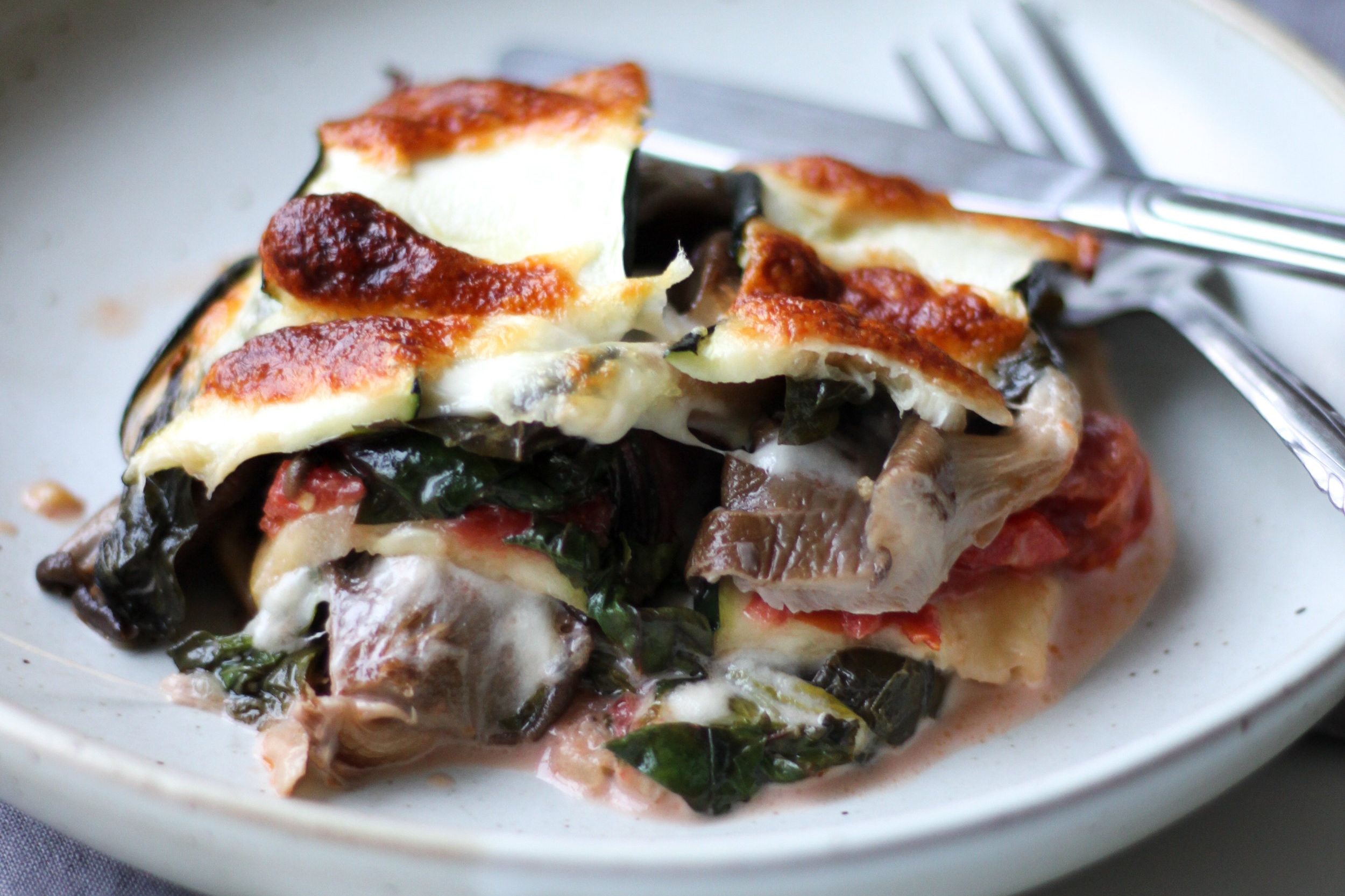 Zucchini Noodle Lasagna with Oyster Mushrooms, Basil &amp; Swiss Chard