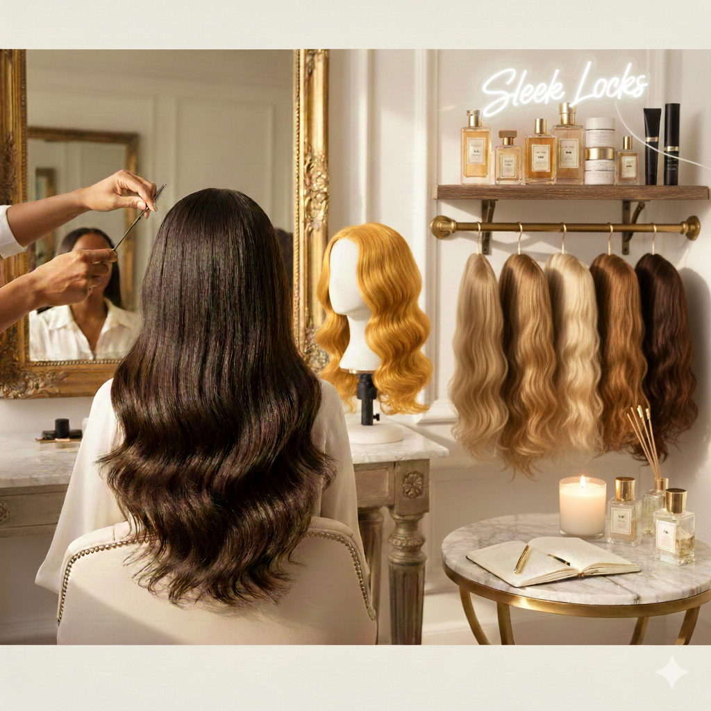 A person with long, wavy dark hair sitting at a salon, getting a hair treatment. A hairstylist is holding a section of the person's hair, and a mirror reflects the person's face. Behind, there are wig stands with various shades of blonde and brown wigs, bottles of hair products on a shelf, a neon sign that says 'Sleek Locks,' a candle, a notebook, and hair styling tools on a small table.