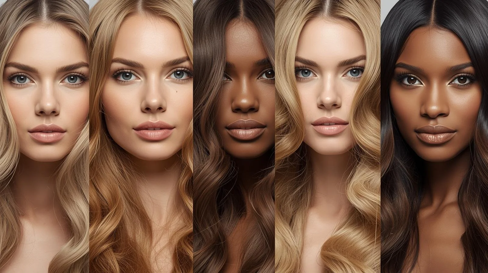Five diverse women with various skin tones and hair colors, looking directly at the camera.