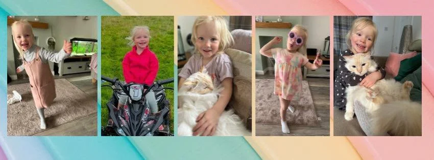 Five young girls with blonde hair and light-colored clothing, posing with a cat and a dog indoors and outdoors, with one girl on a bike, some wearing sunglasses, and the two girls smiling warmly.