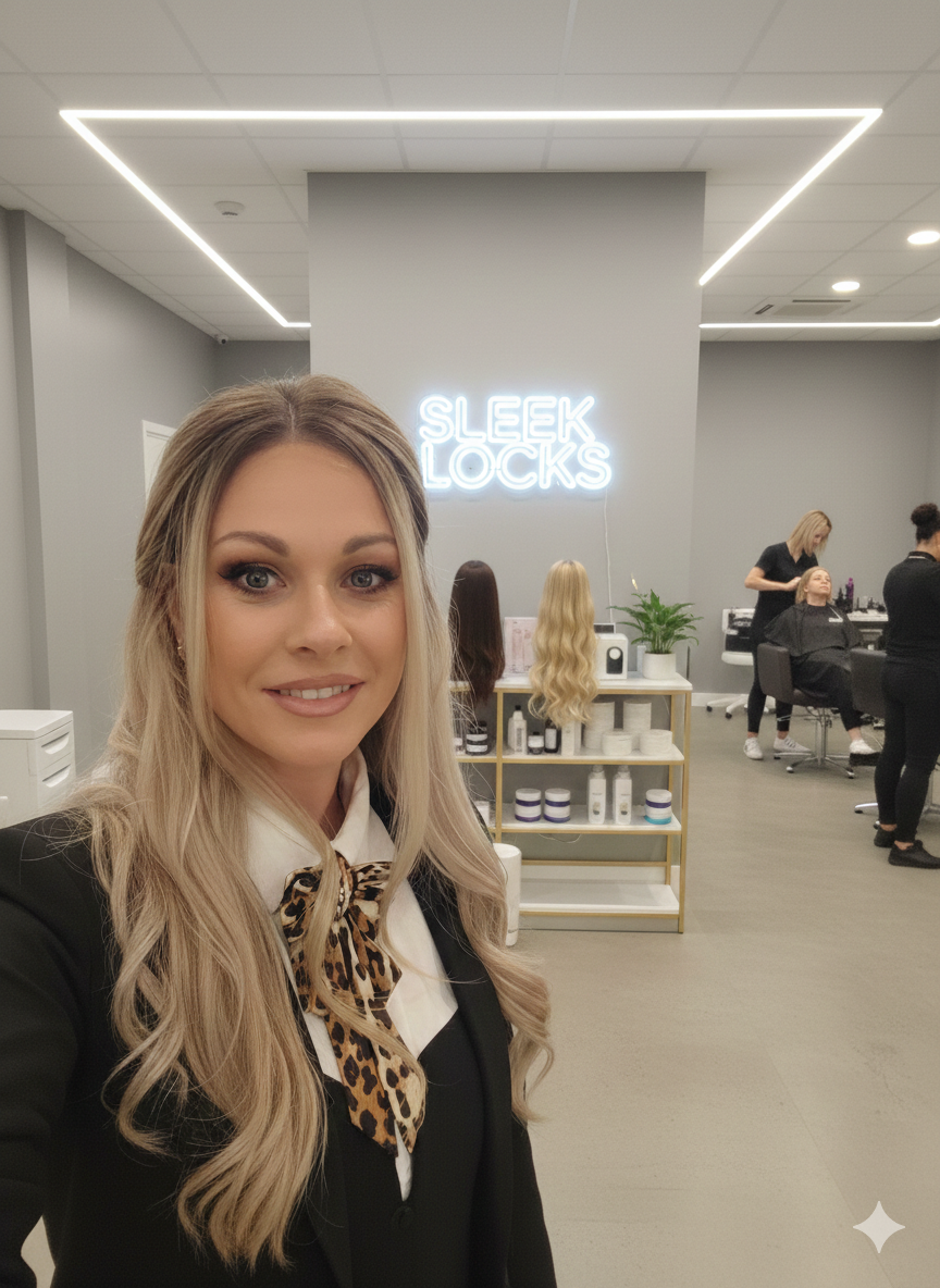 Woman with blonde hair taking a selfie inside a modern salon with a neon sign that says 'SLEEK LOCKS'.