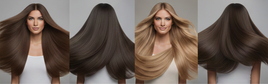 Four women with different shades of straight, long hair, with two front-facing and two back-facing views.