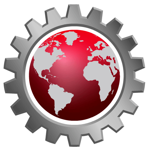 A gear surrounding a globe with the continents visible in red and white, representing global machinery or technology.