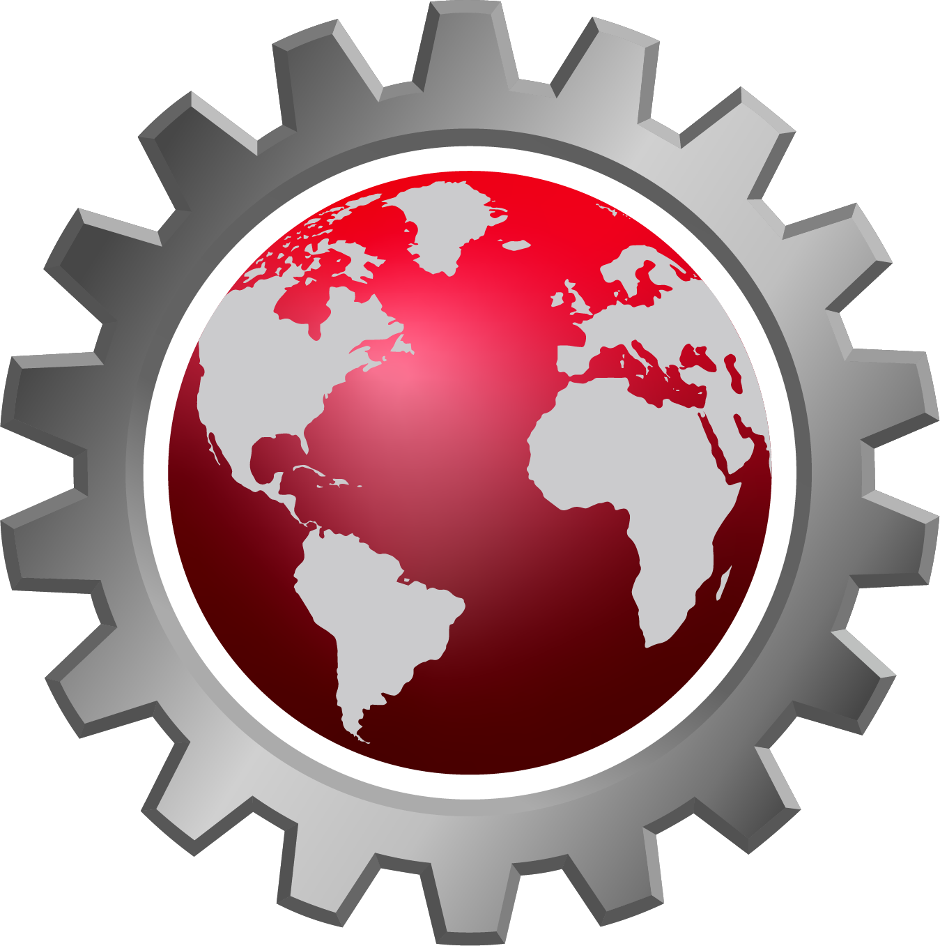 A digital illustration of a gear surrounding a red globe showing continents.