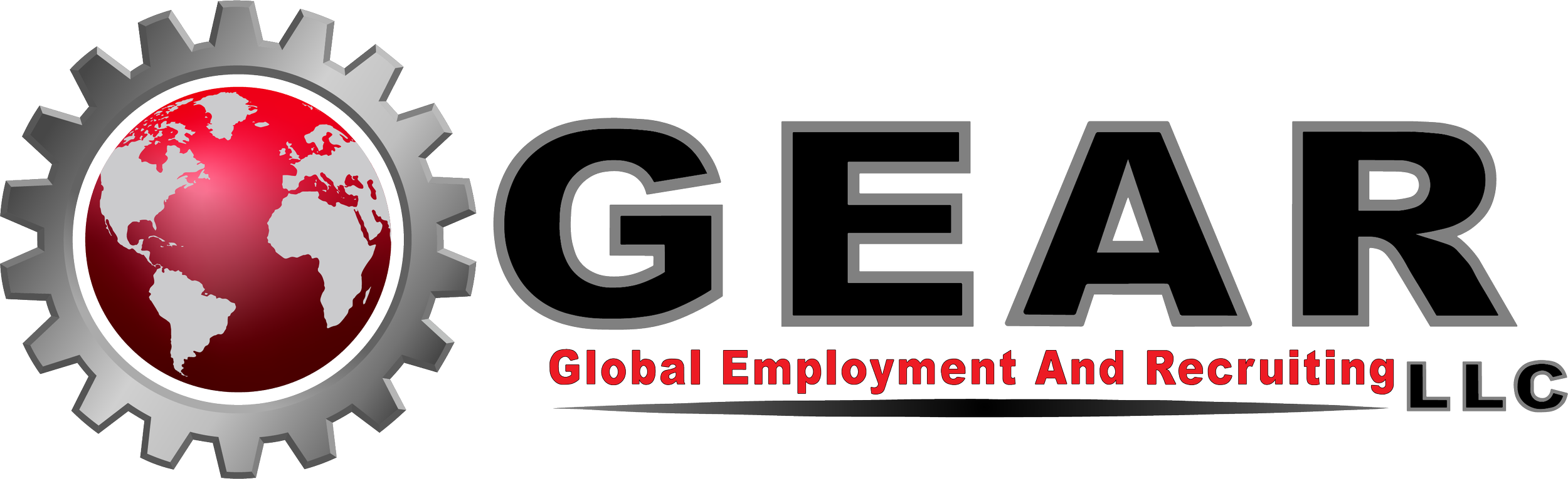 Logo for GEAR LLC with a gear symbol and a red globe showing continents, accompanied by text reading "GEAR" and "Global Employment And Recruiting".