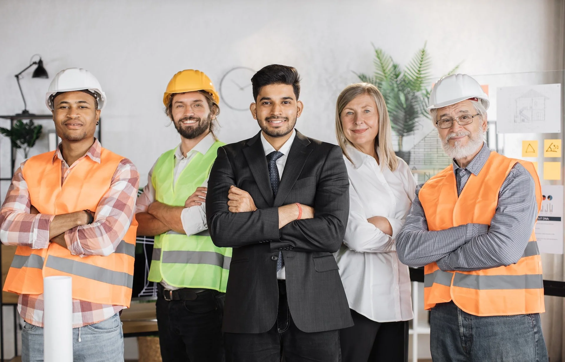 A diverse group of five professionals, including construction workers and corporate staff, standing confidently in an office-themed setting.