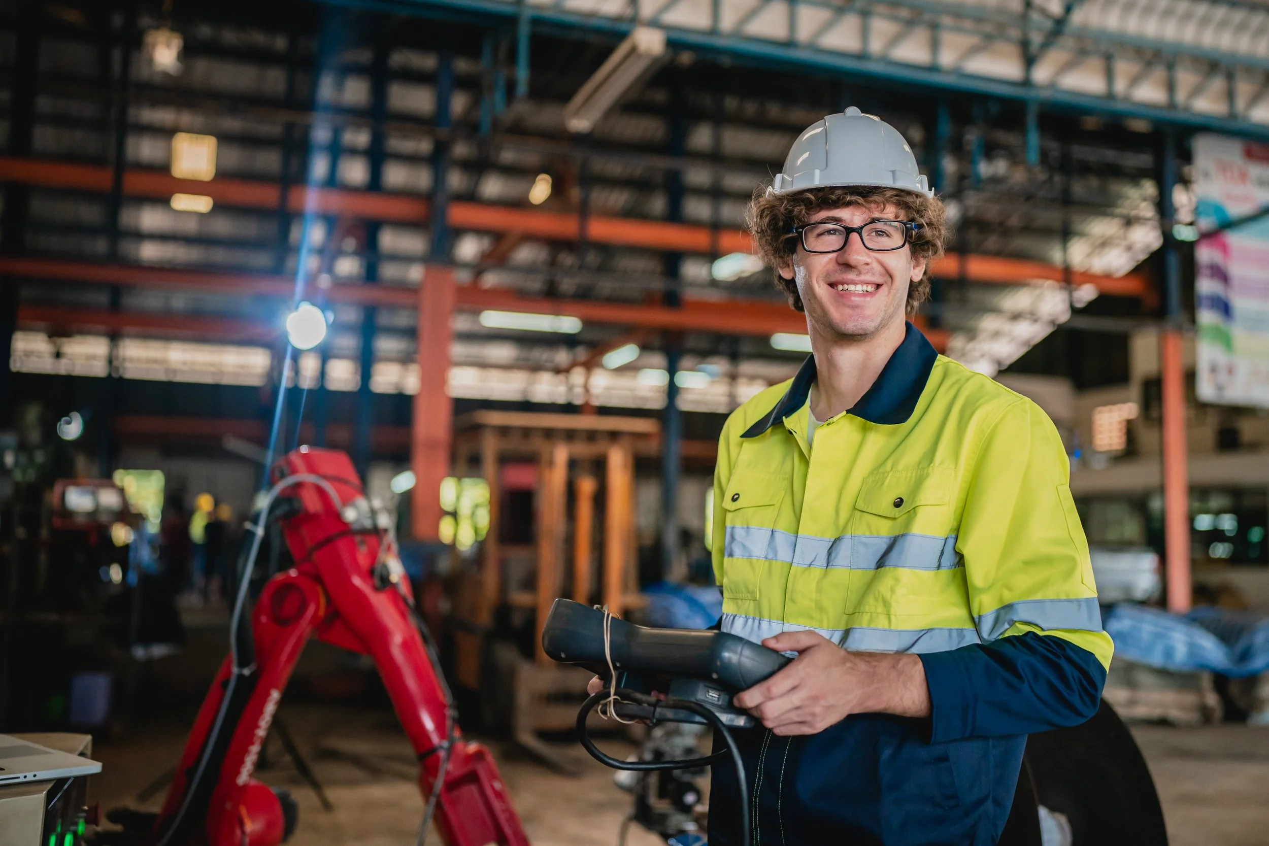 A smiling man in safety glasses and a high-visibility yellow jacket with reflective stripes holds a device in a warehouse or industrial setting.