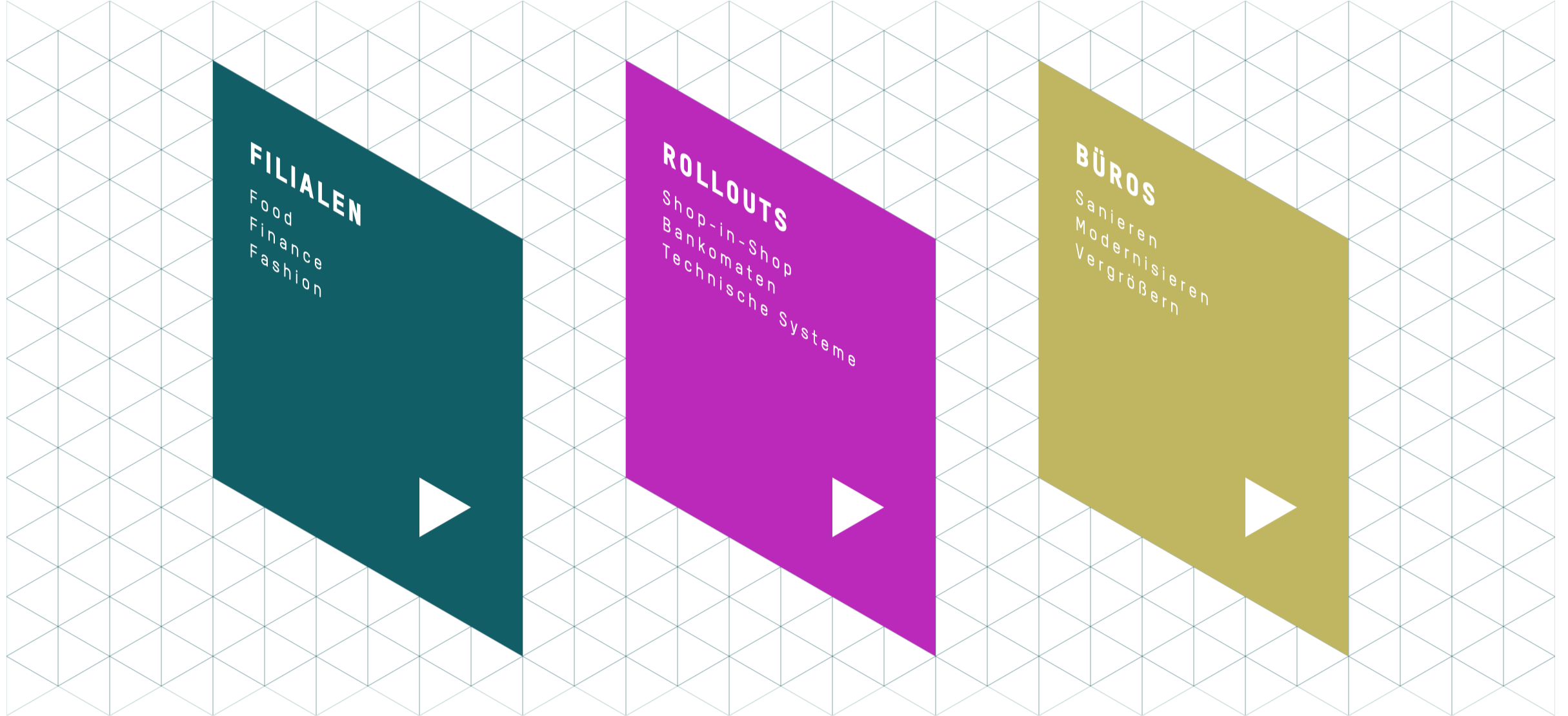 Drei bunte Dreiecksfenster mit Text. Das erste Fenster ist dunkelblau mit der Aufschrift 'Filialen' und Stichwörtern wie Food, Finance, Fashion. Das zweite Fenster ist lila mit 'Rollouts' und Stichwörtern wie Shop-in-Shop, Bankautomaten, Technische Systeme. Das dritte Fenster ist olive mit 'Büros' und Stichwörtern wie Sanieren, Modernisieren, Vergrößern.