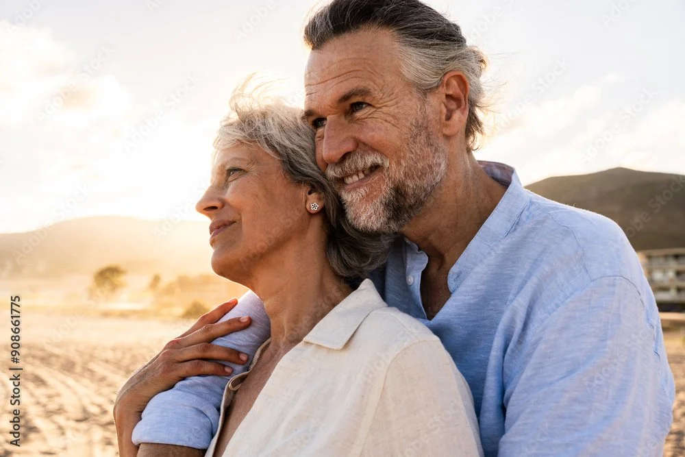 An elderly couple enjoying a moment together outdoors during sunset, smiling and embracing.