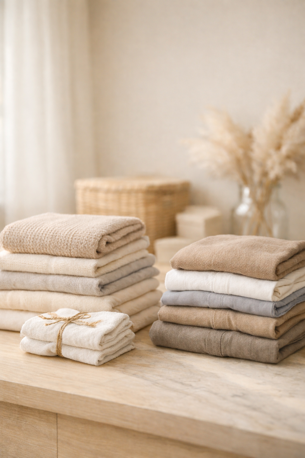 Stacks of neatly folded beige, white, gray, and taupe towels on a wooden surface, with a wicker basket and dried flowers in the background.