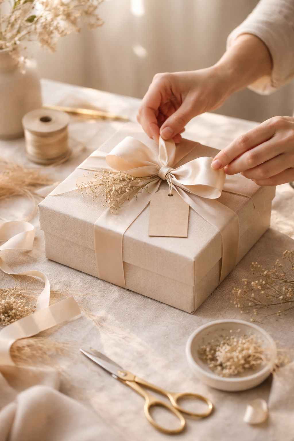 Hands tying a cream-colored satin ribbon around a wrapped gift box decorated with dried flowers, on a table surrounded by ribbon, dried flowers, scissors, and a bowl of dried flowers.