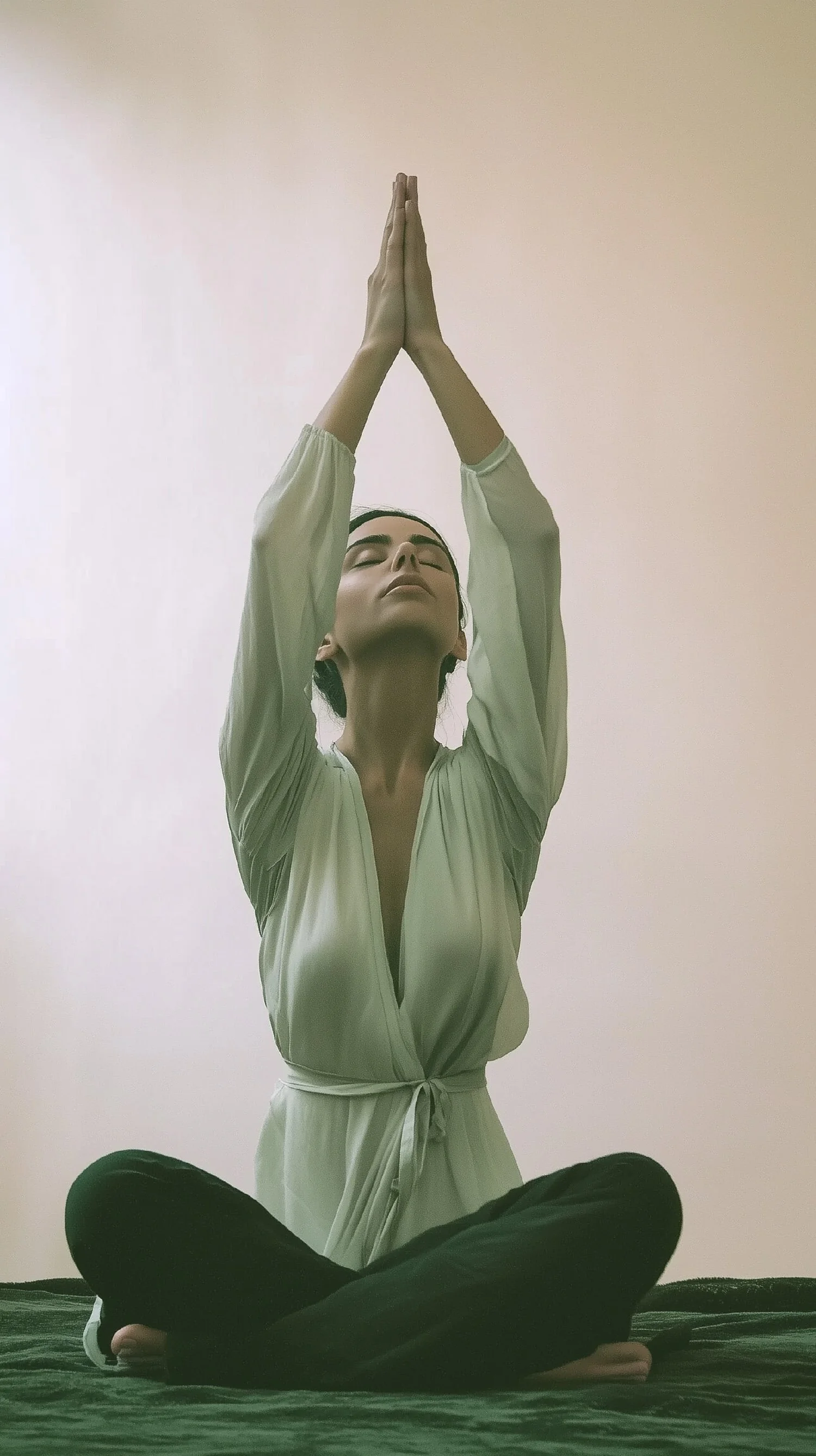 A woman practicing yoga or meditation indoors, sitting cross-legged on a mat with her hands pressed together above her head, eyes closed, and a serene expression.