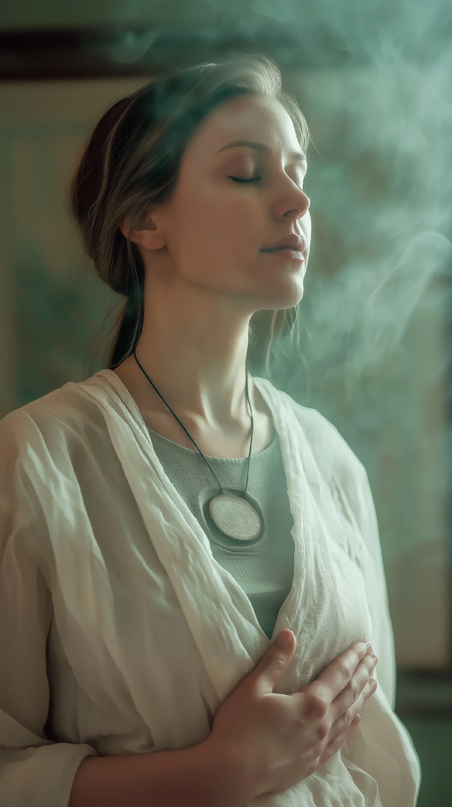 A woman with closed eyes and hand over her chest, enveloped in soft lighting with smoke or mist in the background.