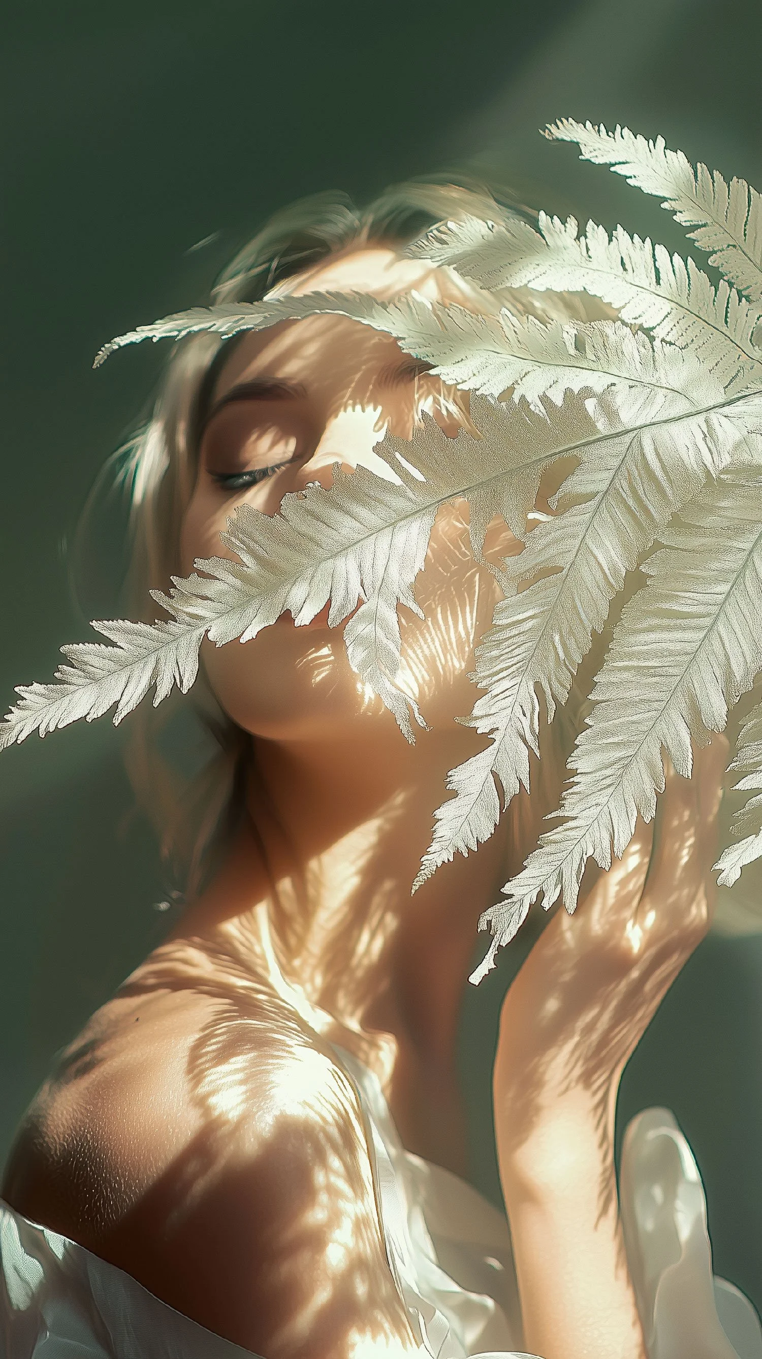A young woman with blonde hair and closed eyes holds a large fern leaf in front of her face, casting shadows on her skin as sunlight filters through the leaf.