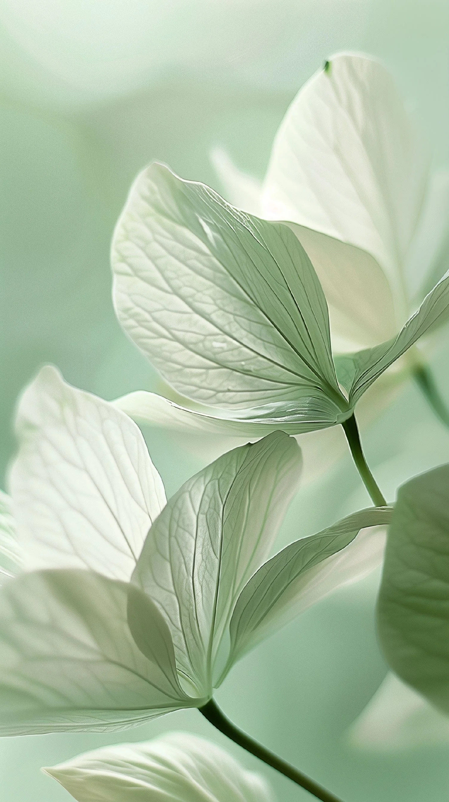 Close-up of light green leaves with visible veins, softly illuminated, with a blurred green background.