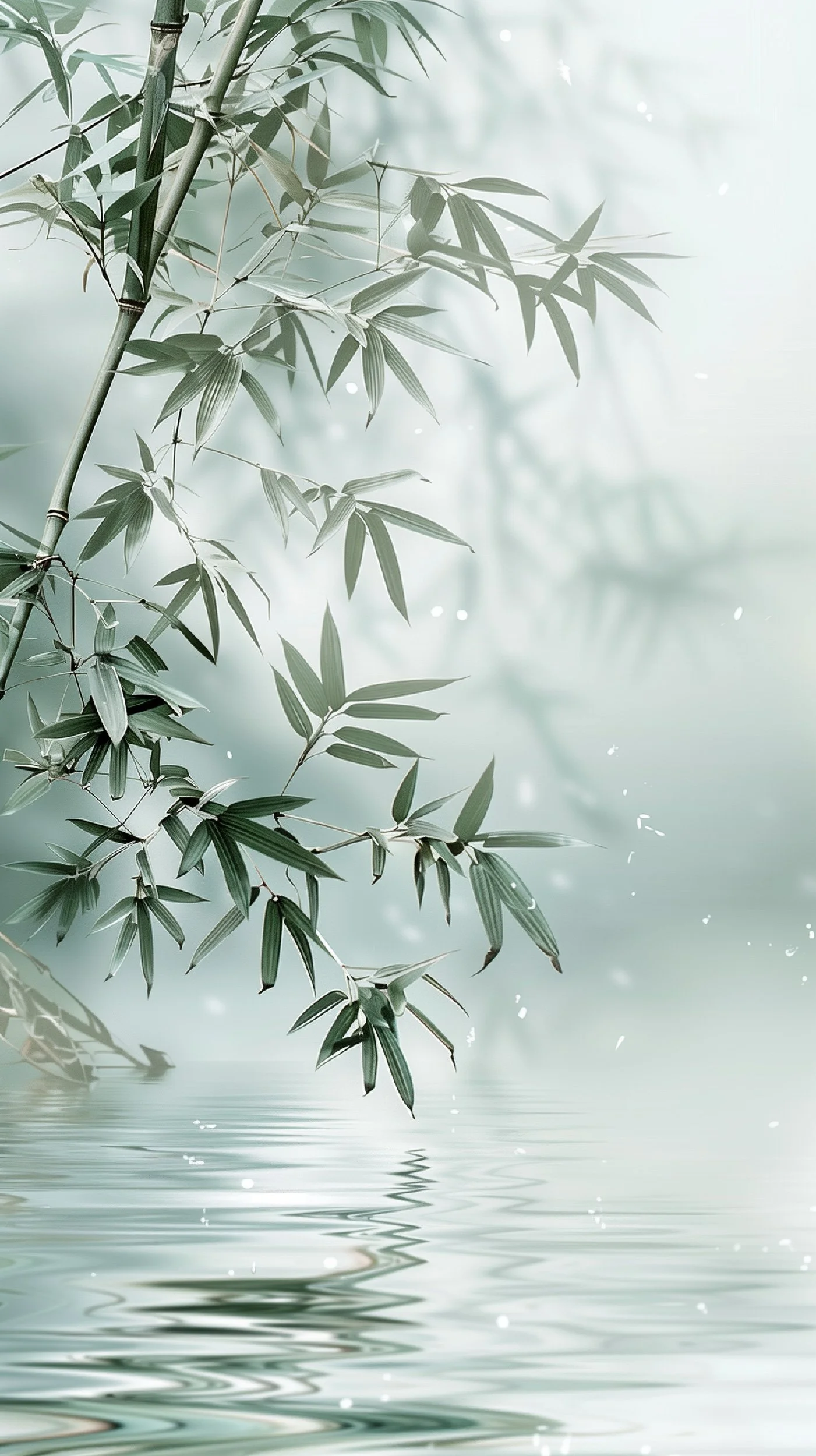 Bamboo leaves hanging over water with gentle ripples and light reflections, creating a serene and peaceful scene.