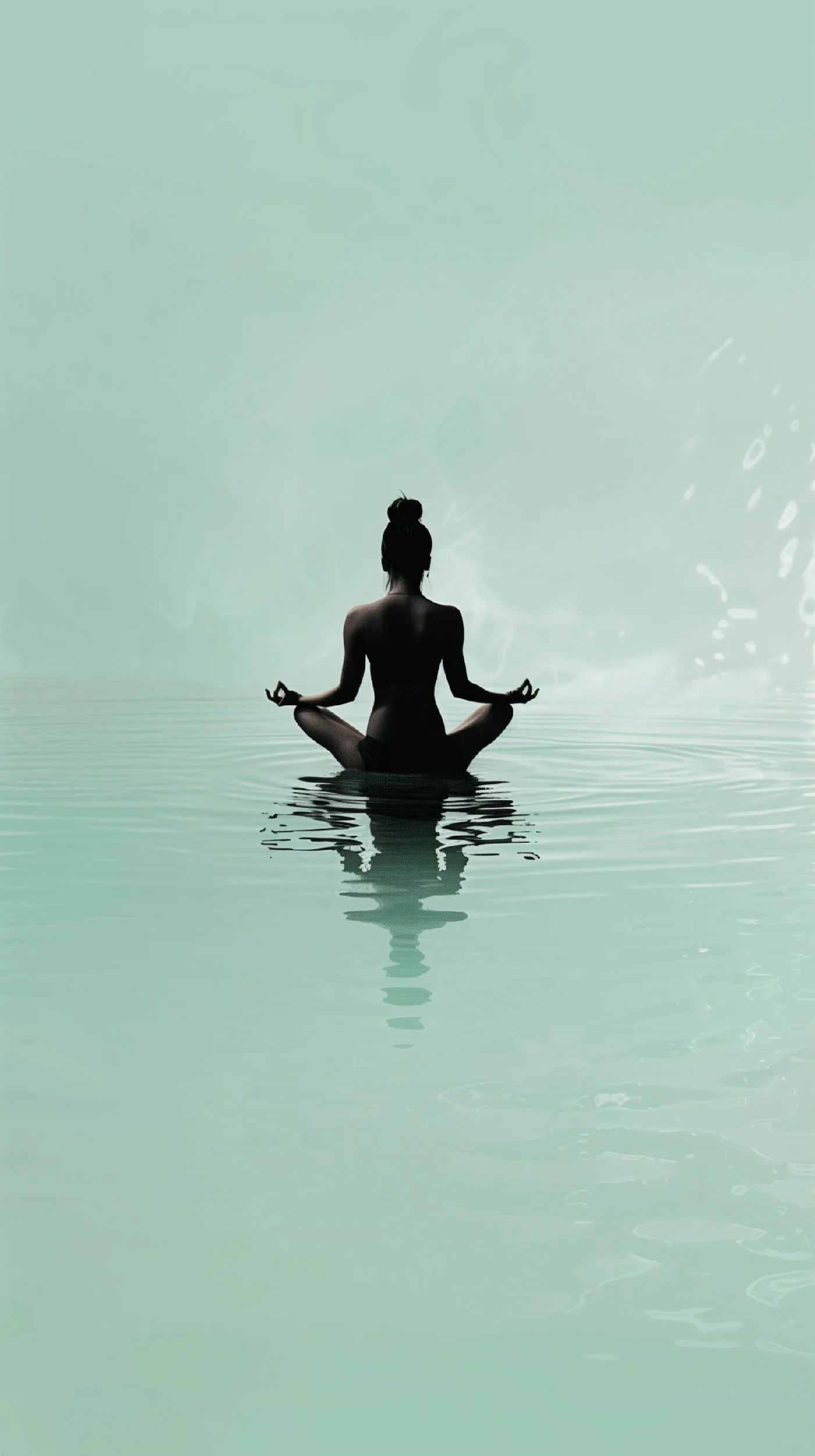 A woman sitting cross-legged in a meditative pose on calm water, with a serene background and soft lighting.