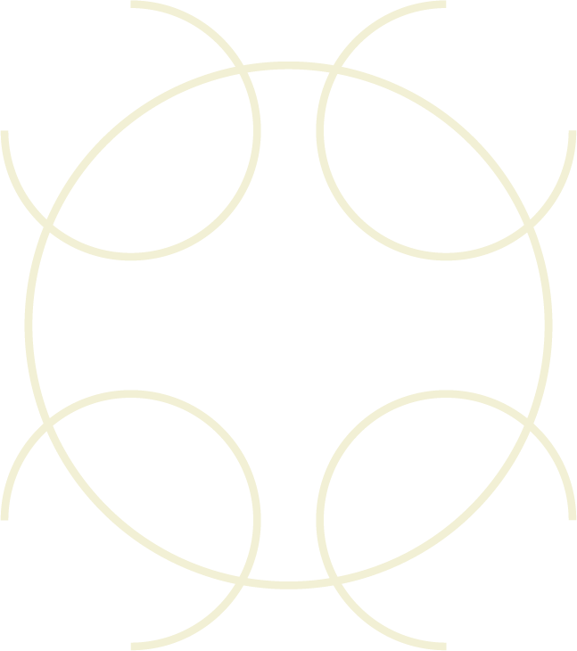 Line art illustration of interconnected circles forming a symmetrical pattern on black background