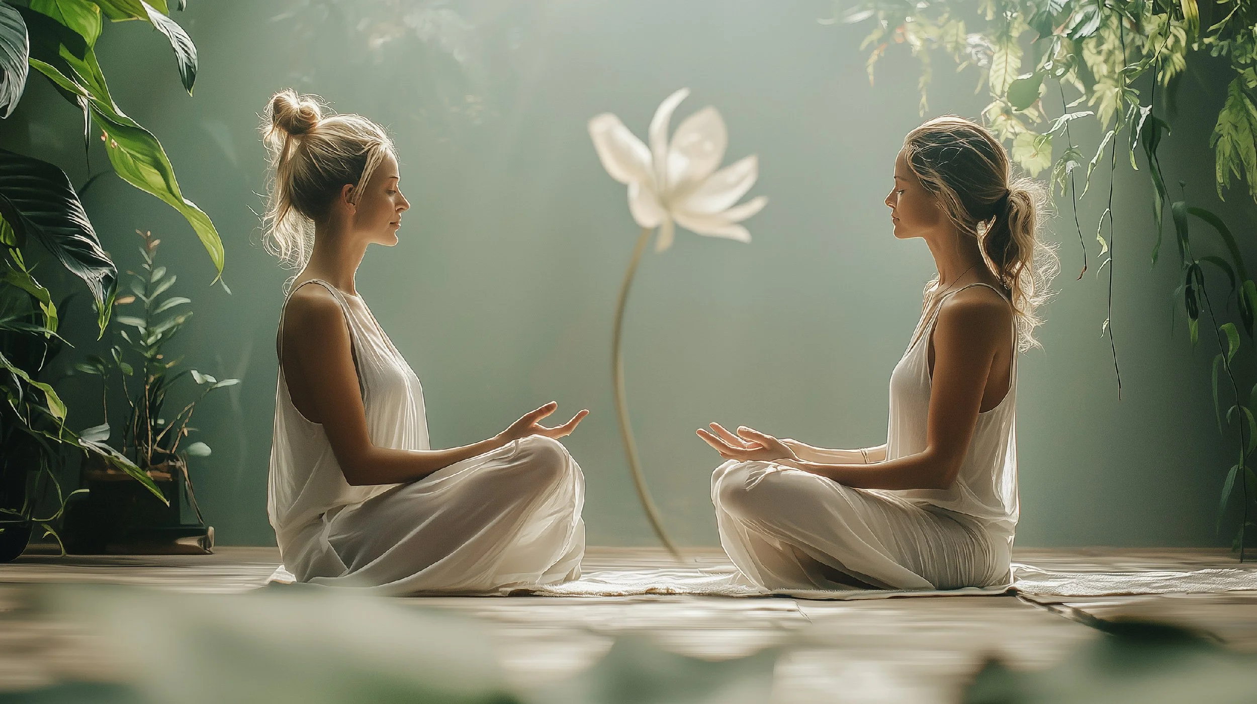 Two women in white dresses sitting cross-legged on the floor facing each other with a floating white flower between them in a lush garden setting.
