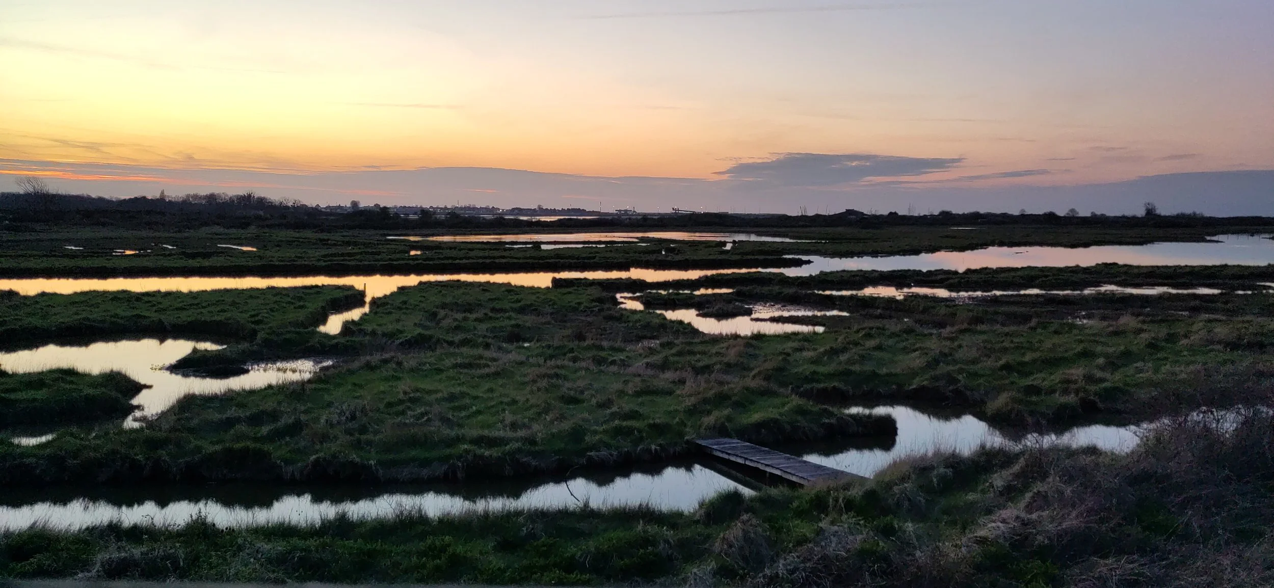 Paysage marécageux au crépuscule avec des brindilles d'eau et un pont en bois, ciel orange et gris, horizon avec quelques arbres et bâtiments