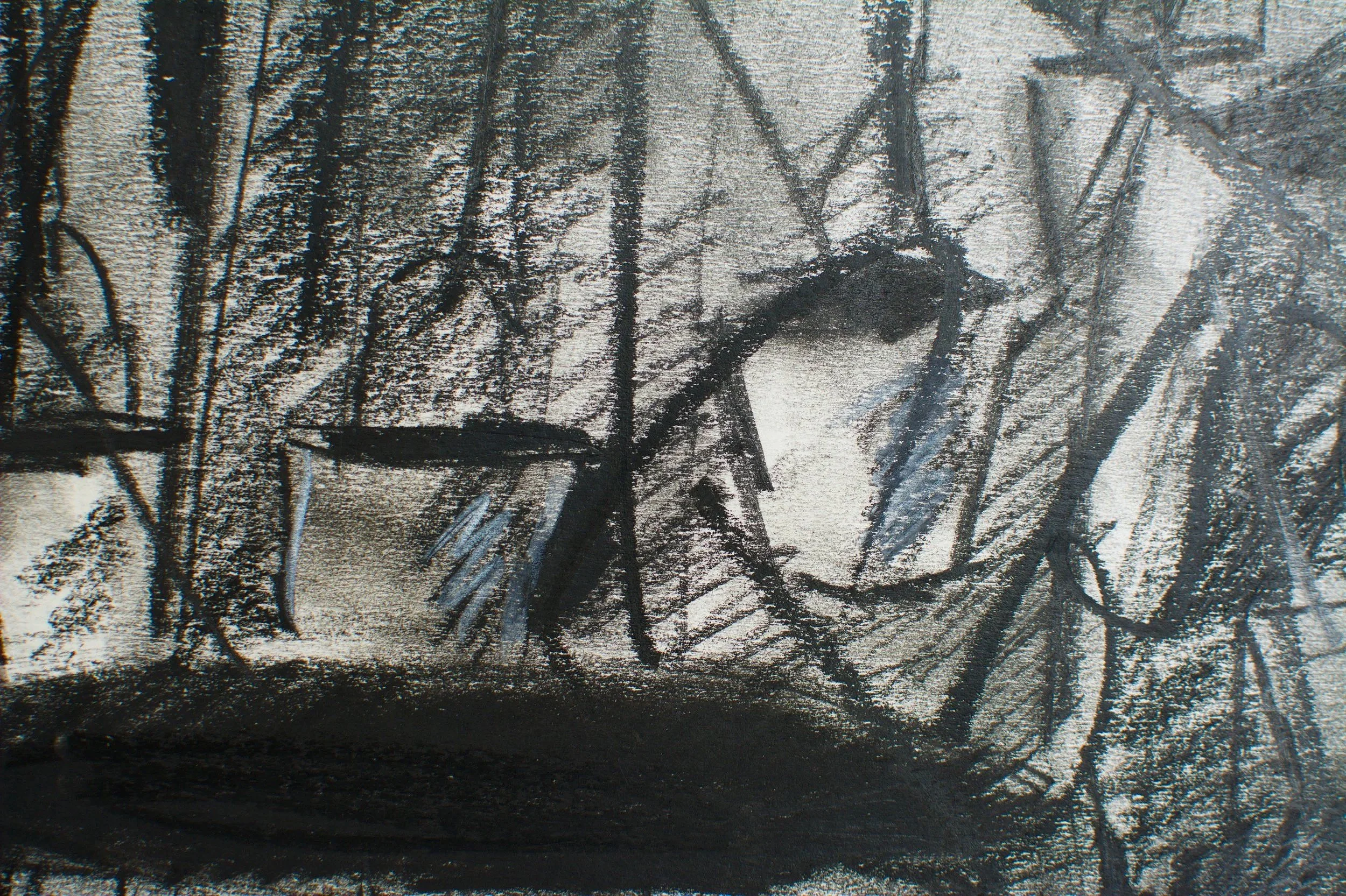 Nahaufnahme, Skizze für Installation, 43 x 60cm, Kohle auf Papier, von zeitgenössischem Düsseldorfer Künstler Eduard Winklhofer, Atelier Düsseldorf