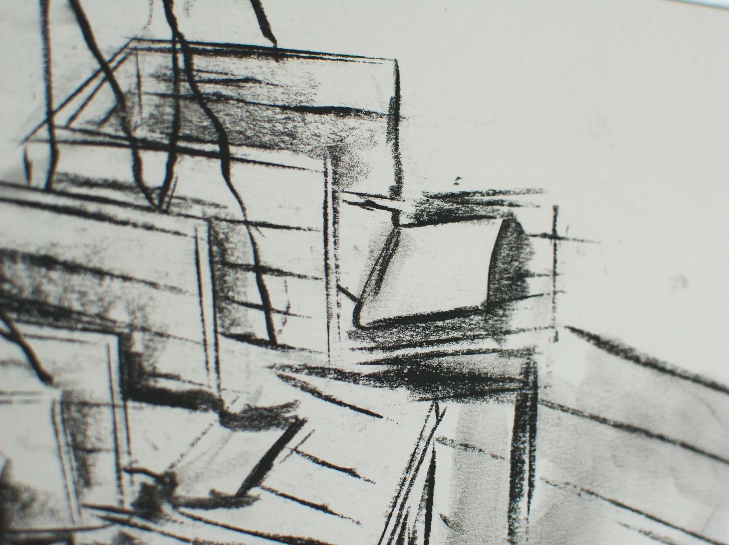 Nahaufnahme, Skizze für Installation, 43 x 60cm, Kohle auf Papier, von zeitgenössischem Düsseldorfer Künstler Eduard Winklhofer, Atelier Düsseldorf