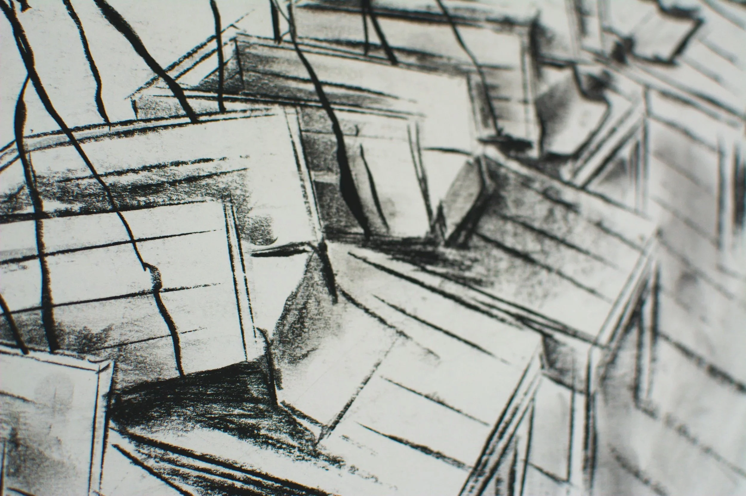 Nahaufnahme, Skizze für Installation, 43 x 60cm, Kohle auf Papier, von zeitgenössischem Düsseldorfer Künstler Eduard Winklhofer, Atelier Düsseldorf