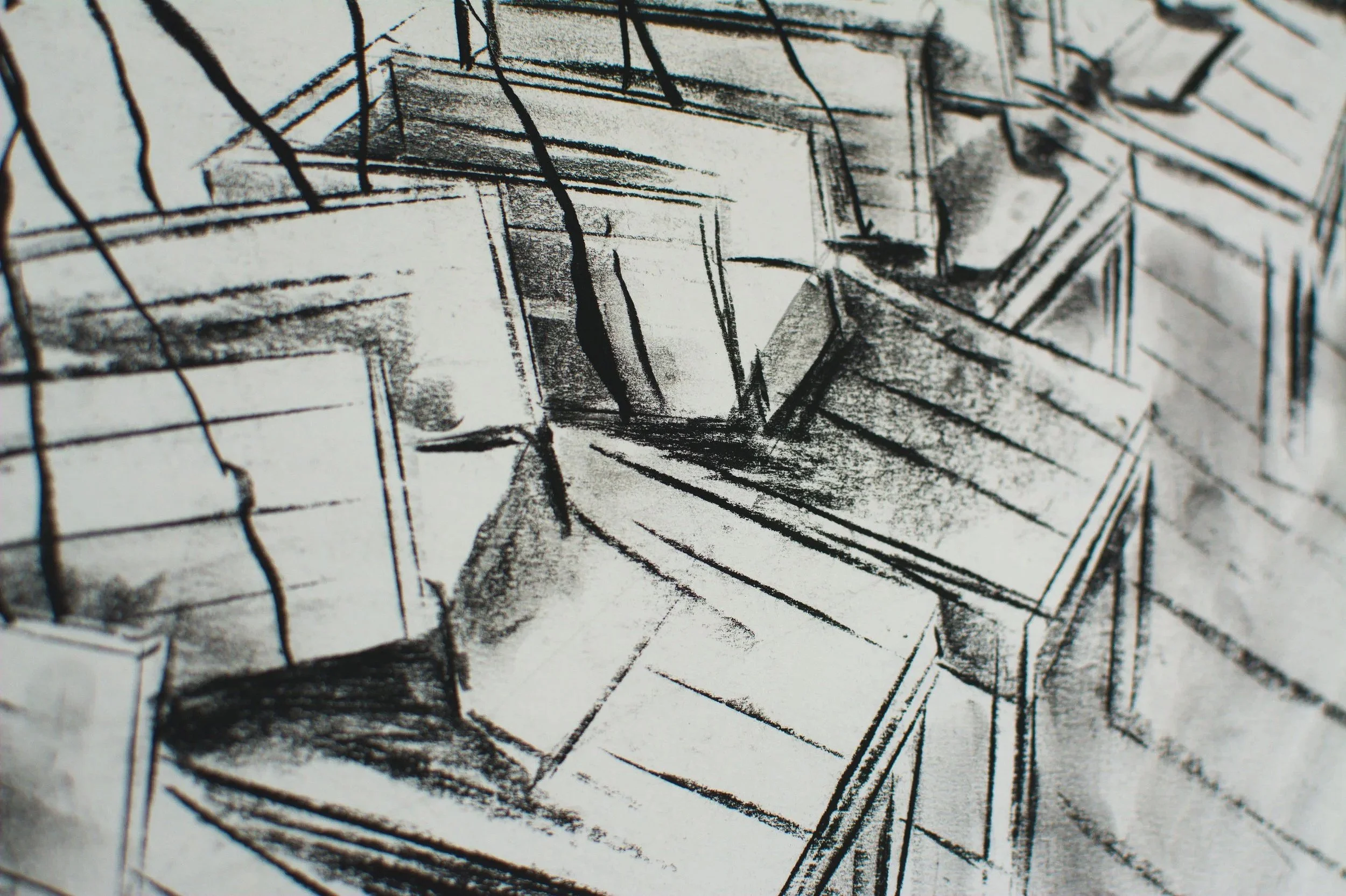 Nahaufnahme, Skizze für Installation, 43 x 60cm, Kohle auf Papier, von zeitgenössischem Düsseldorfer Künstler Eduard Winklhofer, Atelier Düsseldorf