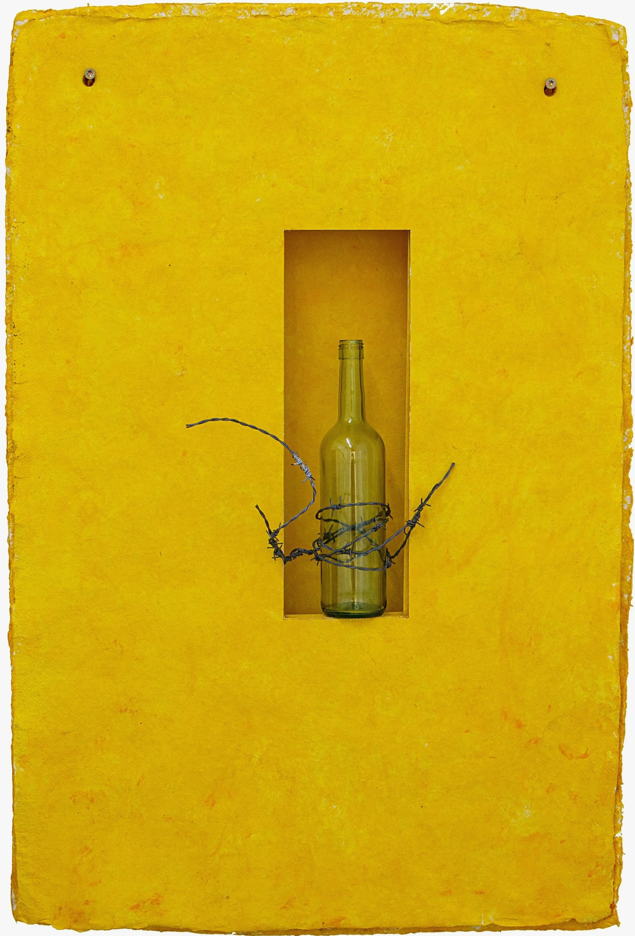 Ohne Titel, 70 x 100cm, Glasflasche, Stacheldraht, Pigment auf Papier