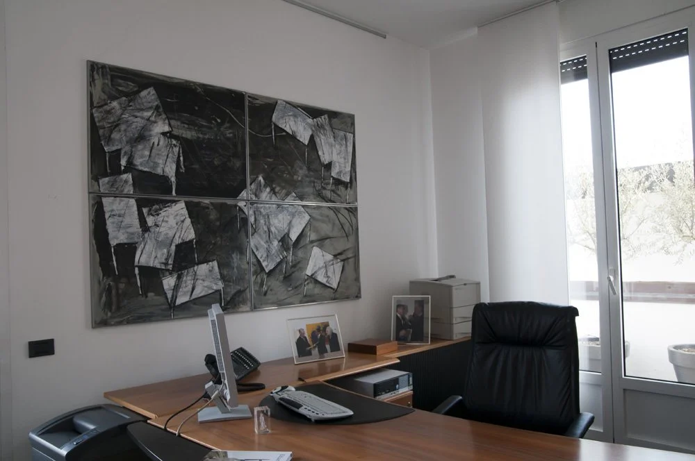 Wandgemälde aus der Serie Tische, Acryl auf Leinwand, Arbeit von Eduard Winklhofer, Künstler aus Düsseldorf, Ausstellung Sede Banca Vontobel