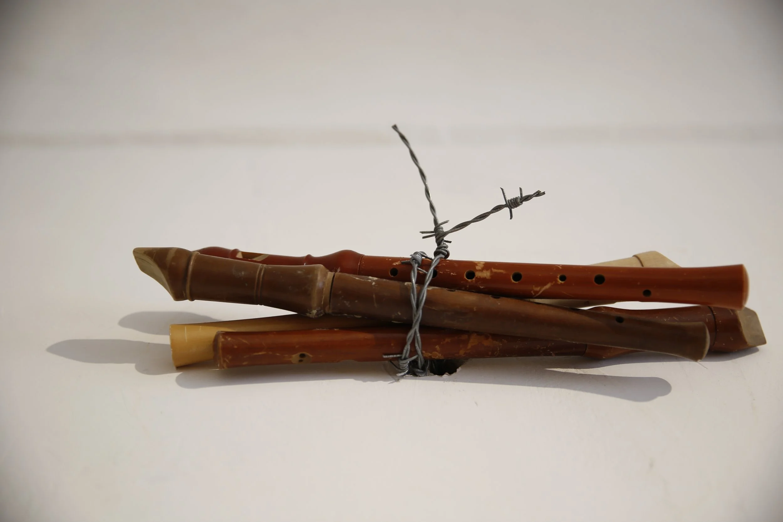 Kunstinstallation, Holzflöten und Stacheldraht,  Kulturzentrum bei den Minoriten, Graz, Ausstellung des aktuellen Künstlers Eduard Winklhofer aus Düsseldorf 