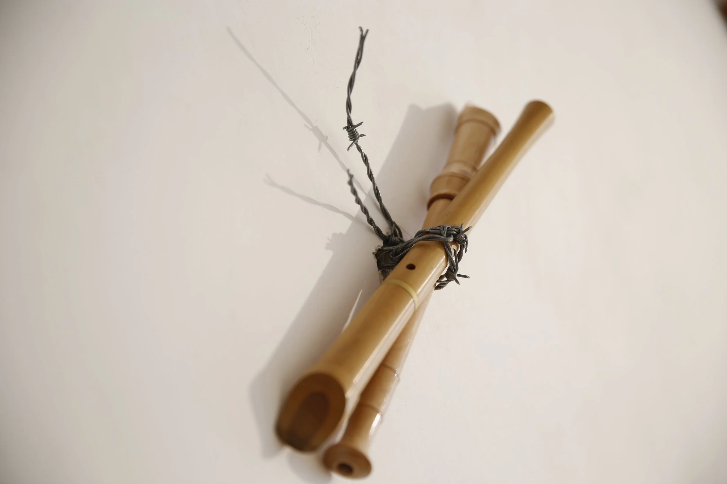 Kunstinstallation, Holzflöten und Stacheldraht,  Kulturzentrum bei den Minoriten, Graz, Ausstellung des aktuellen Künstlers Eduard Winklhofer aus Düsseldorf 