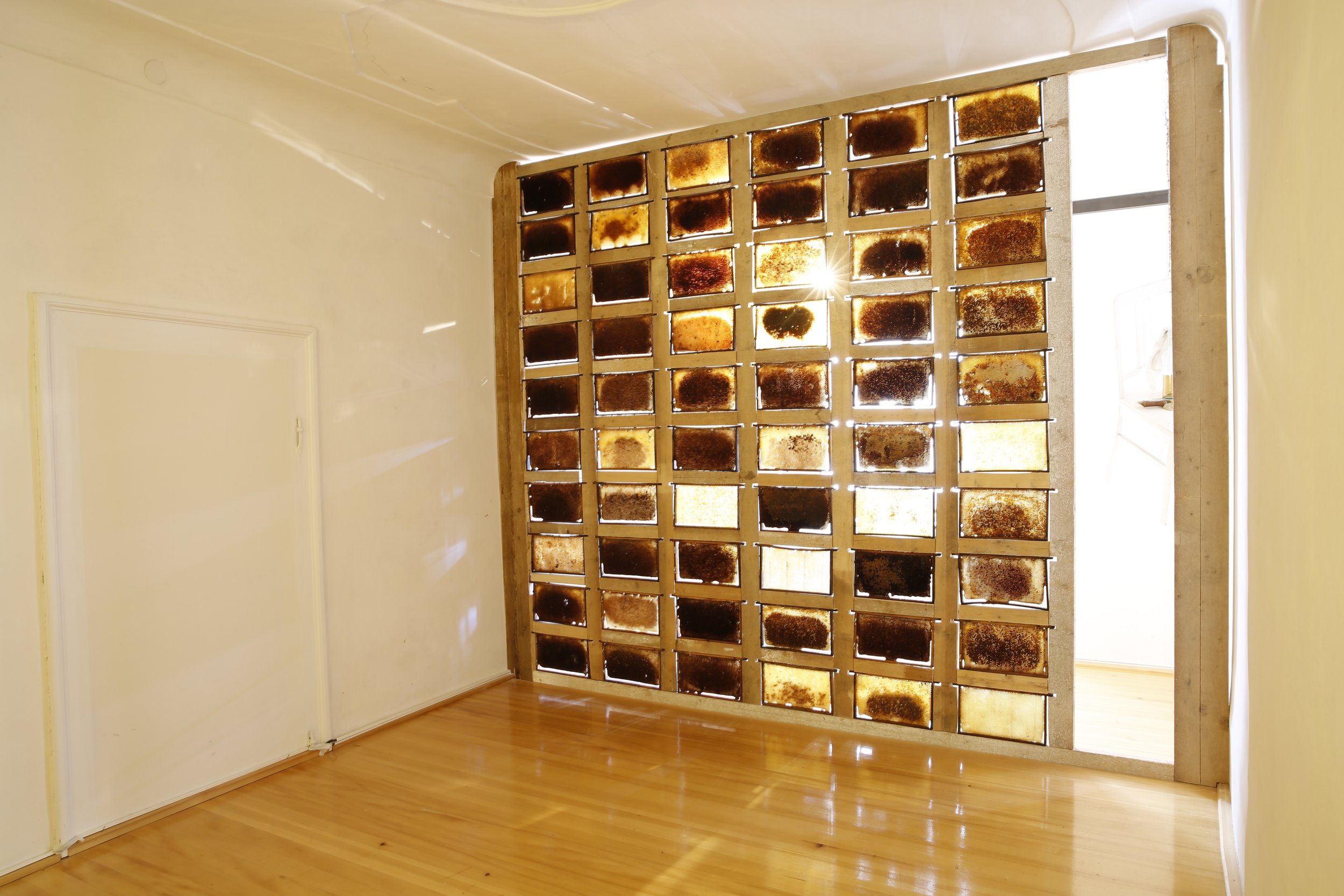 Kunstinstallation, Wand aus Bienenwaben, Kulturzentrum bei den Minoriten, Graz, Ausstellung des aktuellen Künstlers Eduard Winklhofer aus Düsseldorf 