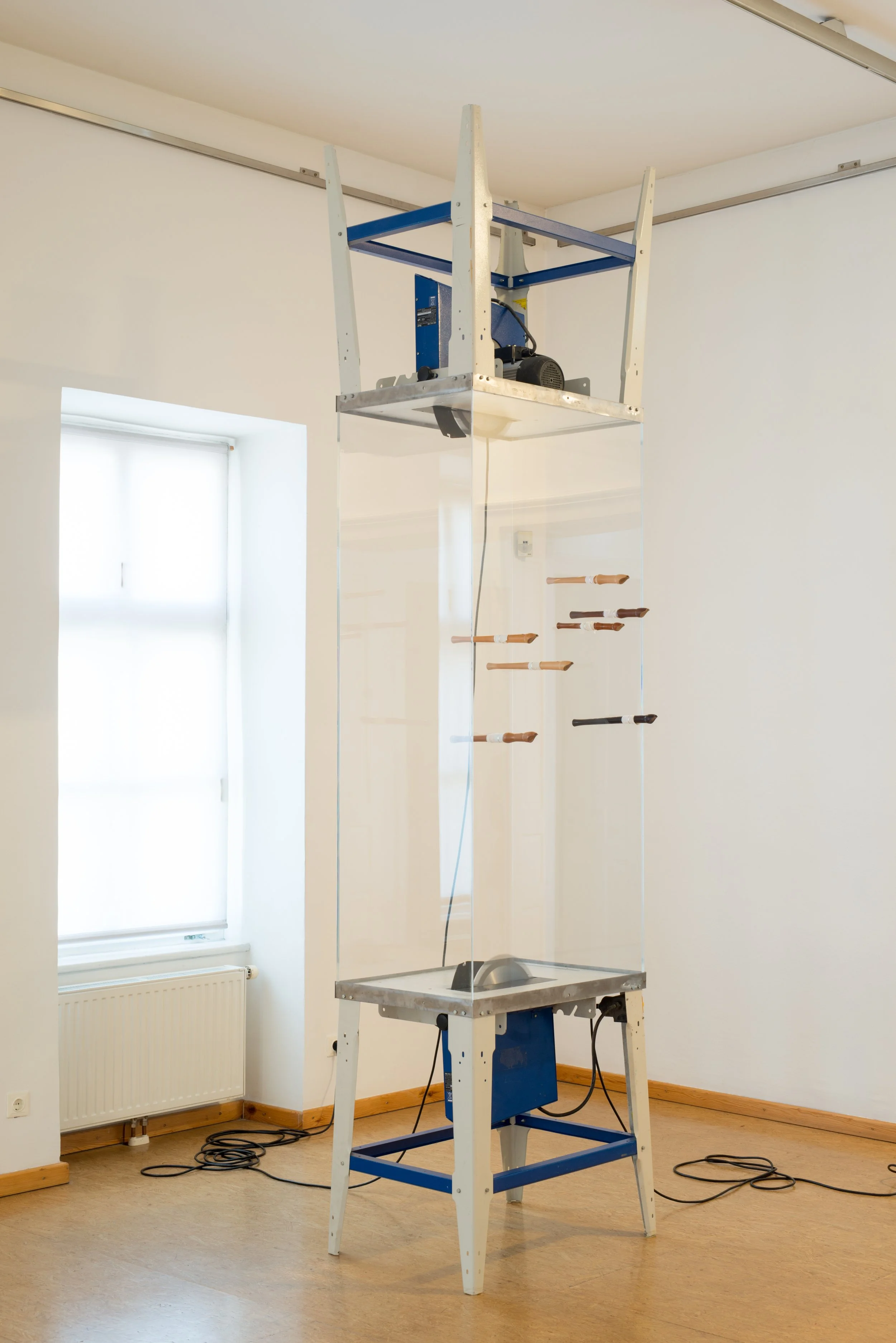 Fünf verschiedene historische Flöten aus Holz, in Glasscheibe, Kunstinstallation, Kulturzentrum bei den Minoriten, Graz, Ausstellung des aktuellen Künstlers Eduard Winklhofer aus Düsseldorf