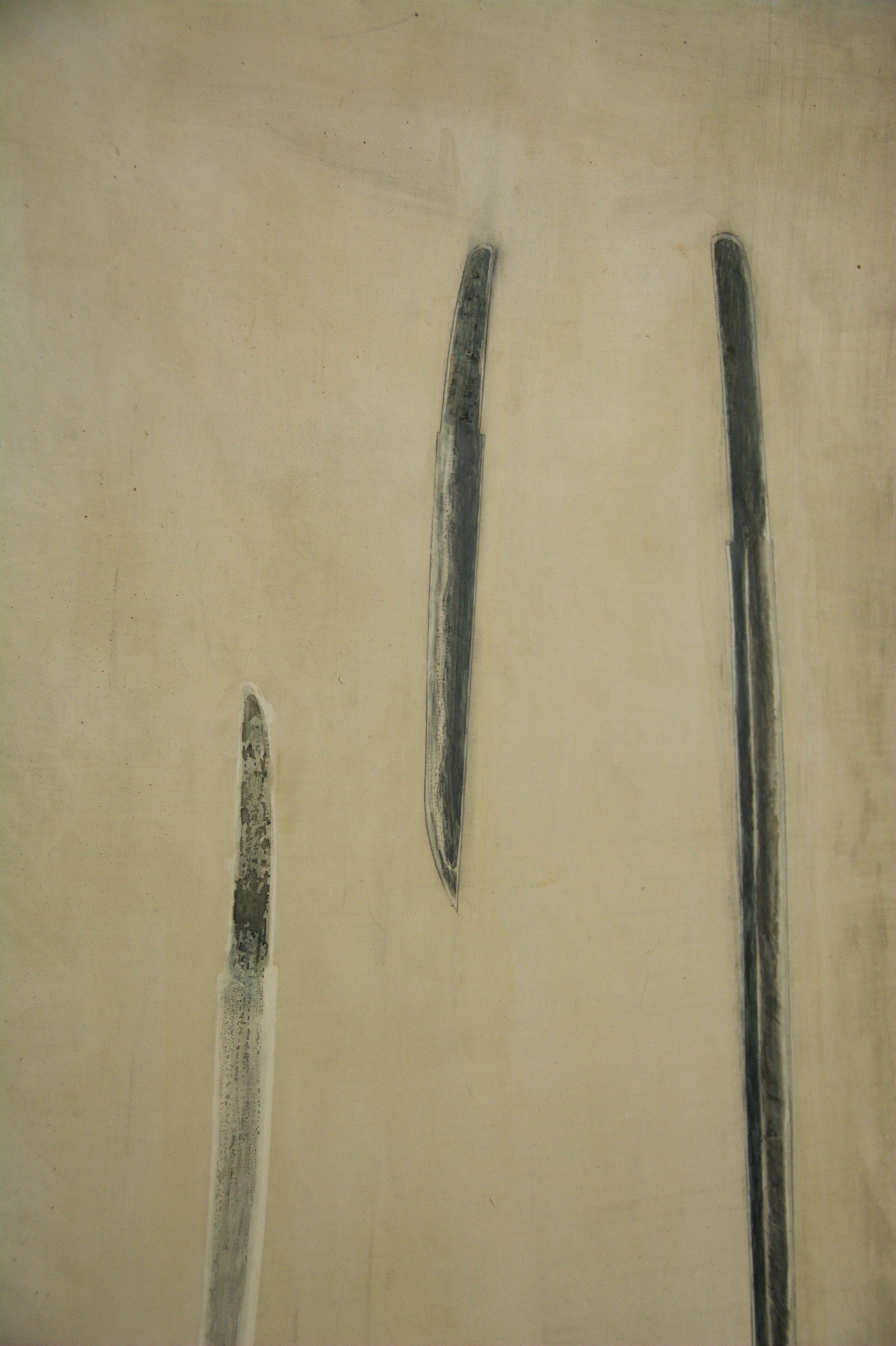 Kunstwerk aktuell, Wandbild, Klingen, 70 x 100cm, Pigment, Schellack, Französischer Stuck auf Gipsplatte, von zeitgenössischem Düsseldorfer Künstler Eduard Winklhofer, Atelier Düsseldorf