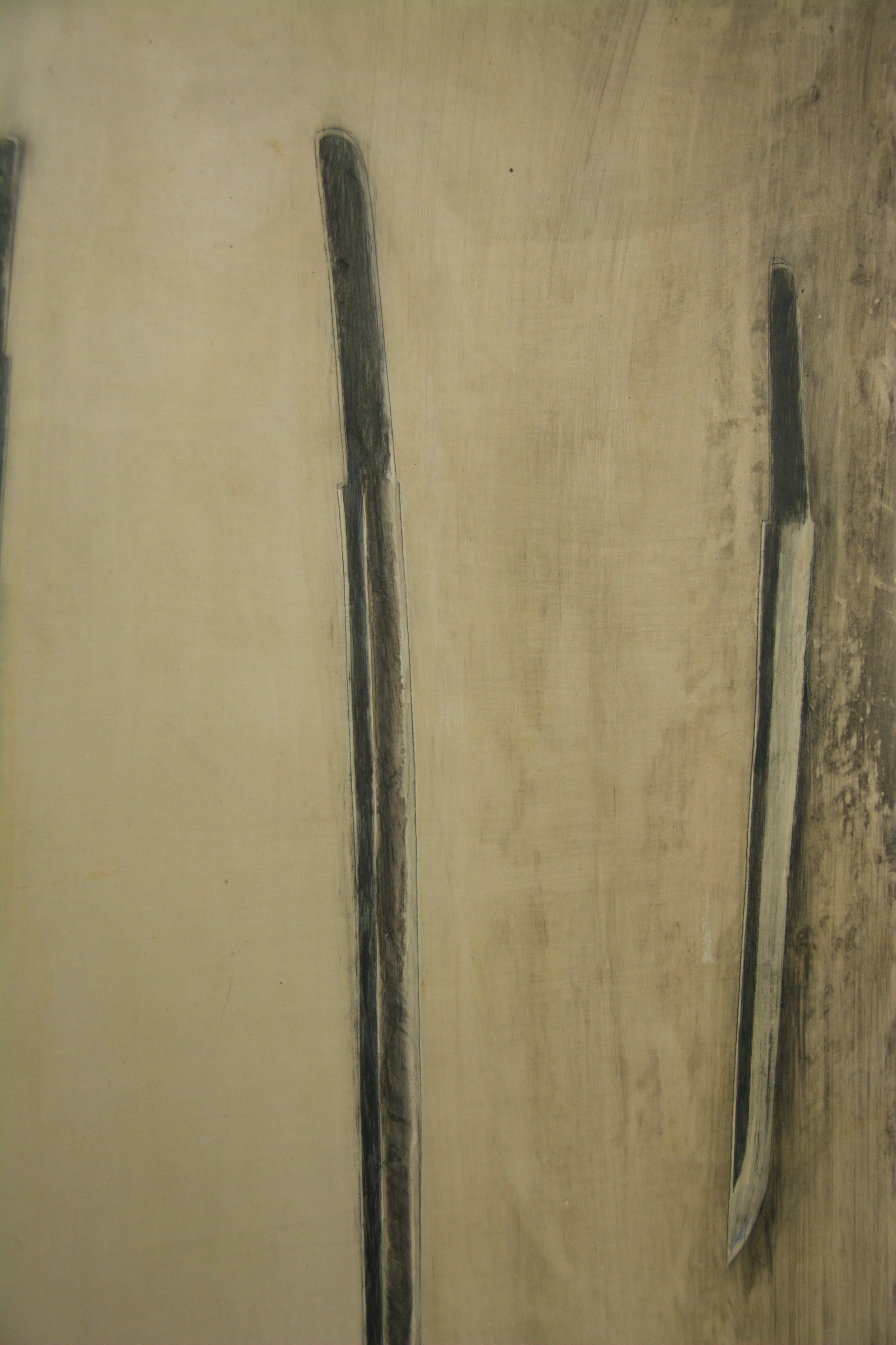 Kunstwerk aktuell, Wandbild, Klingen, 70 x 100cm, Pigment, Schellack, Französischer Stuck auf Gipsplatte, von zeitgenössischem Düsseldorfer Künstler Eduard Winklhofer, Atelier Düsseldorf