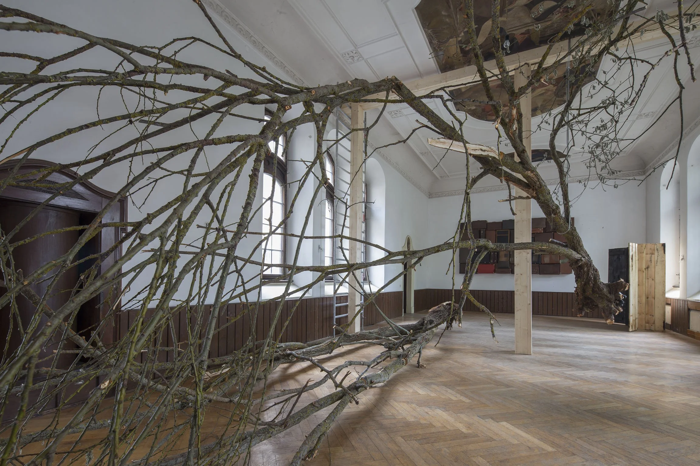 Installation, Hängender Baum, Schuhe und Stacheldraht, Arbeit des zeitgenössischen Künstlers Eduard Winklhofer in Regensburg