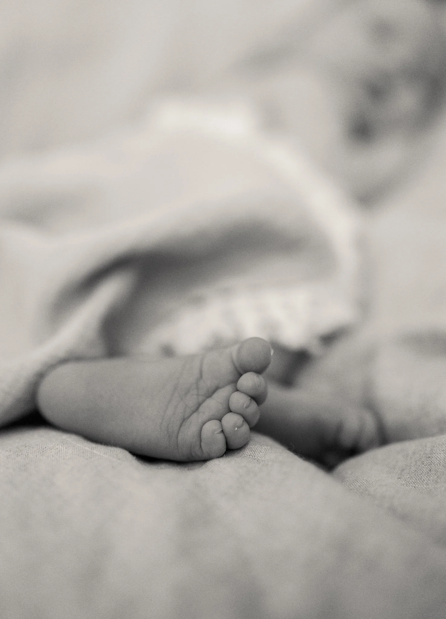 Nærbilde av en liten babyhånd som hviler på en seng, i svart-hvitt.