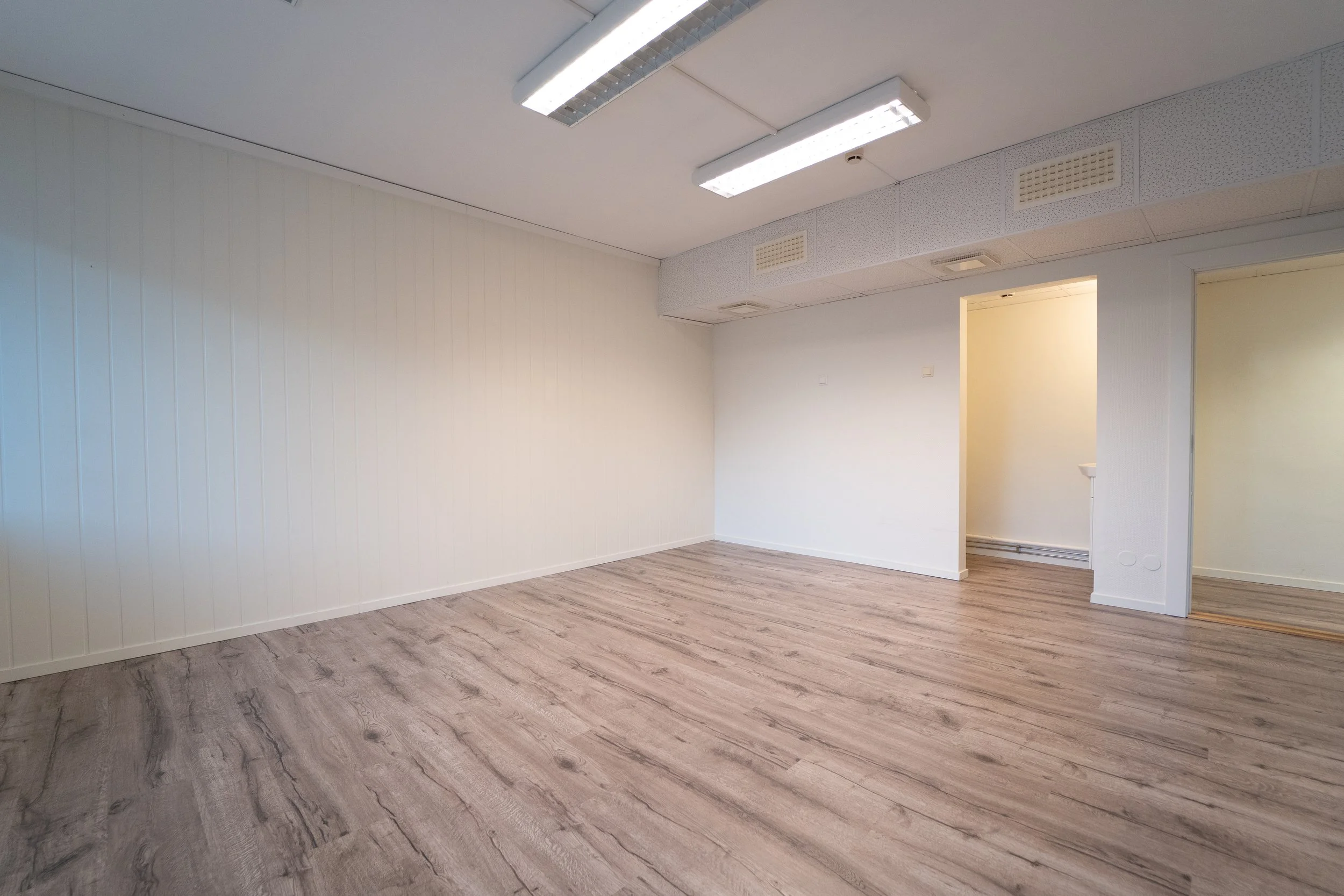 Tomt rom med hvite vegger, lyst tregulv og to taklamper.
