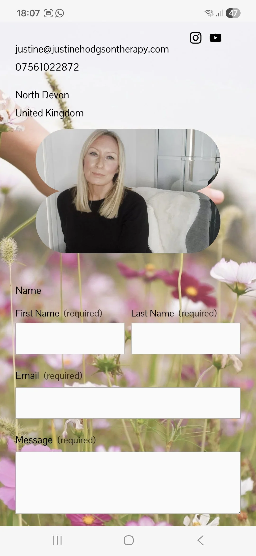 A business or contact profile page with a photo of a blonde woman in a black top, set against a floral background, alongside fields to input first name, last name, email, and message.