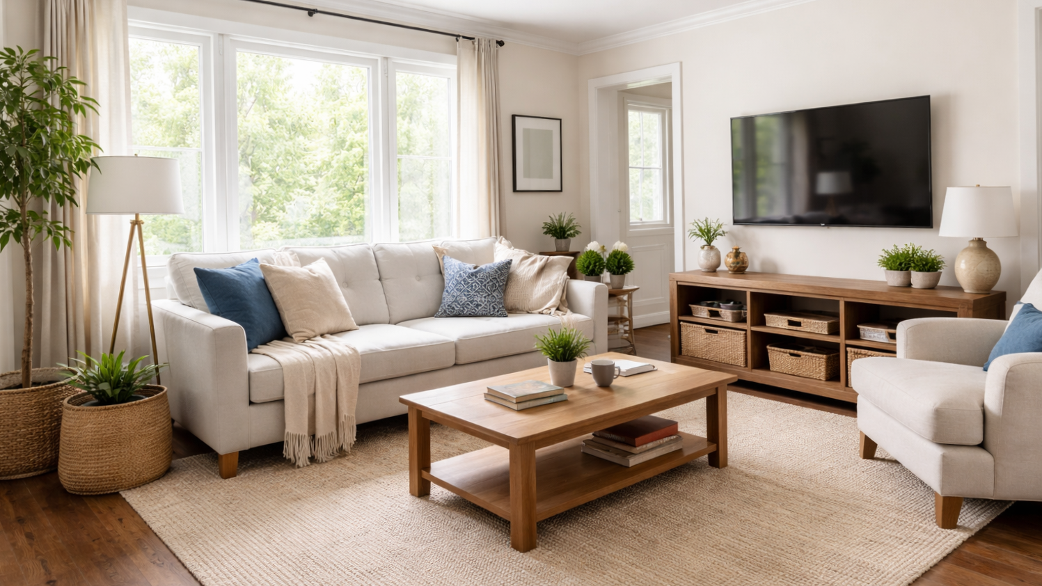 Bright living room at LakePoint Stays near LakePoint Sports Complex, featuring modern seating and smart TV for families