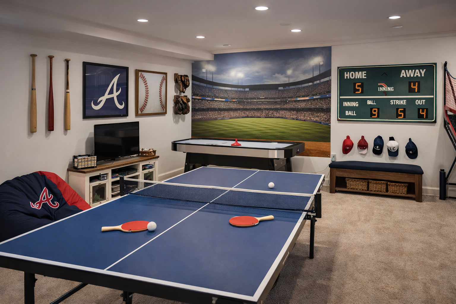 Game room at LakePoint Stays near LakePoint Sports Complex with ping pong table and baseball-themed decor
