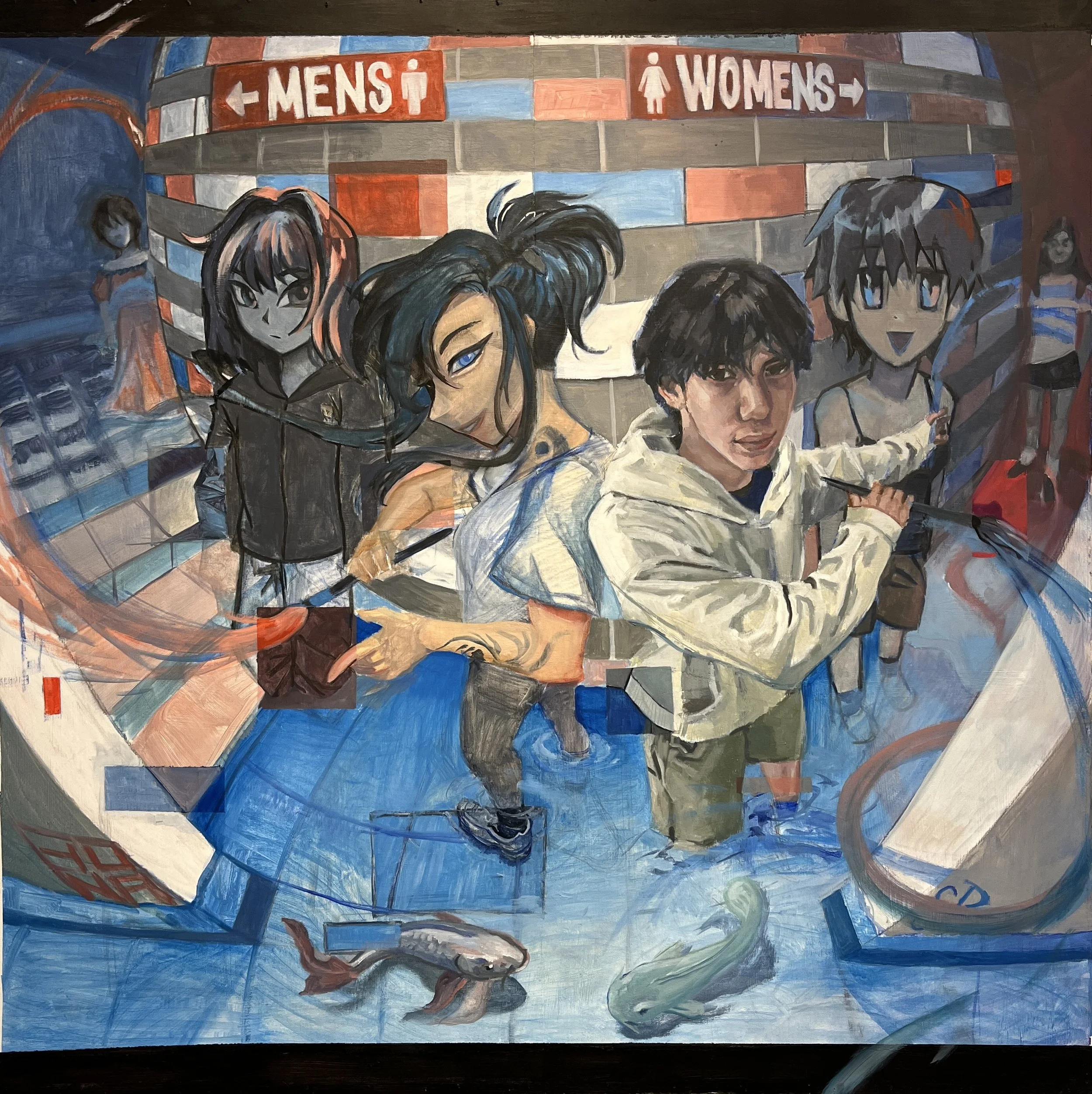 Restroom Choice Paralysis - oil on mounted paper - 2025 - Collaboration with Evan Payne