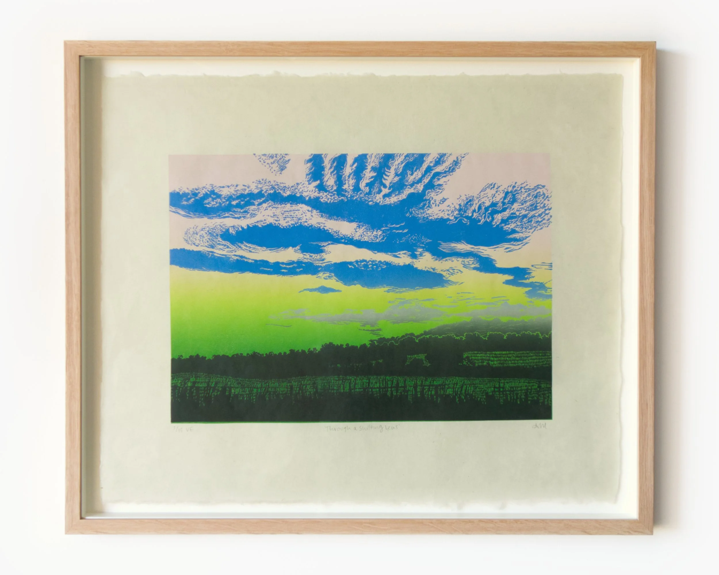 Through a Shifting Lens, 2025 
Limited Varied Edition of 18 
Lino Print on Kitakata Green Awagami Washi 36gsm 
43x52cm