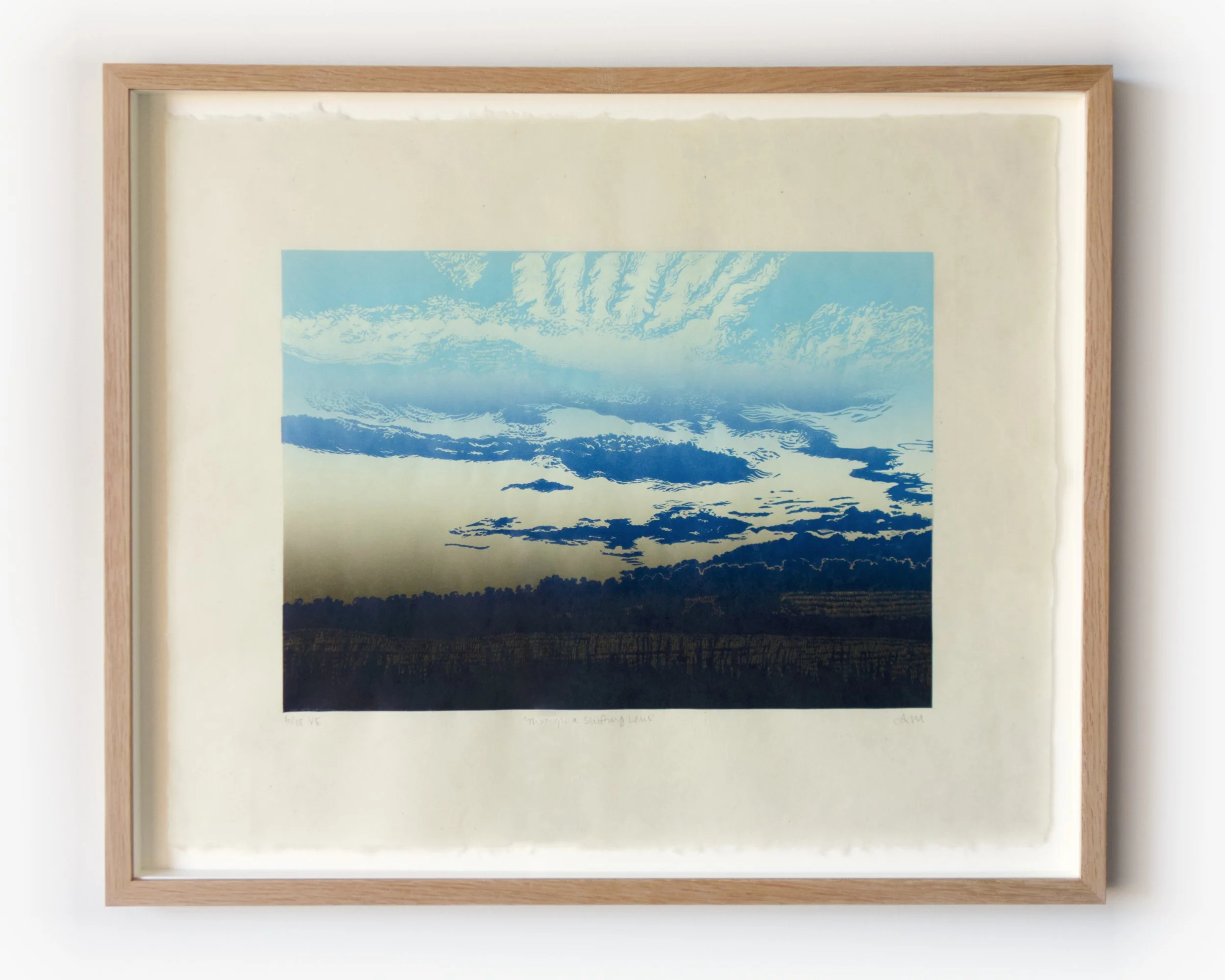 Through a Shifting Lens, 2025 
Limited Varied Edition of 18 
Lino Print on Kitakata Green Awagami Washi 36gsm 
43x52cm