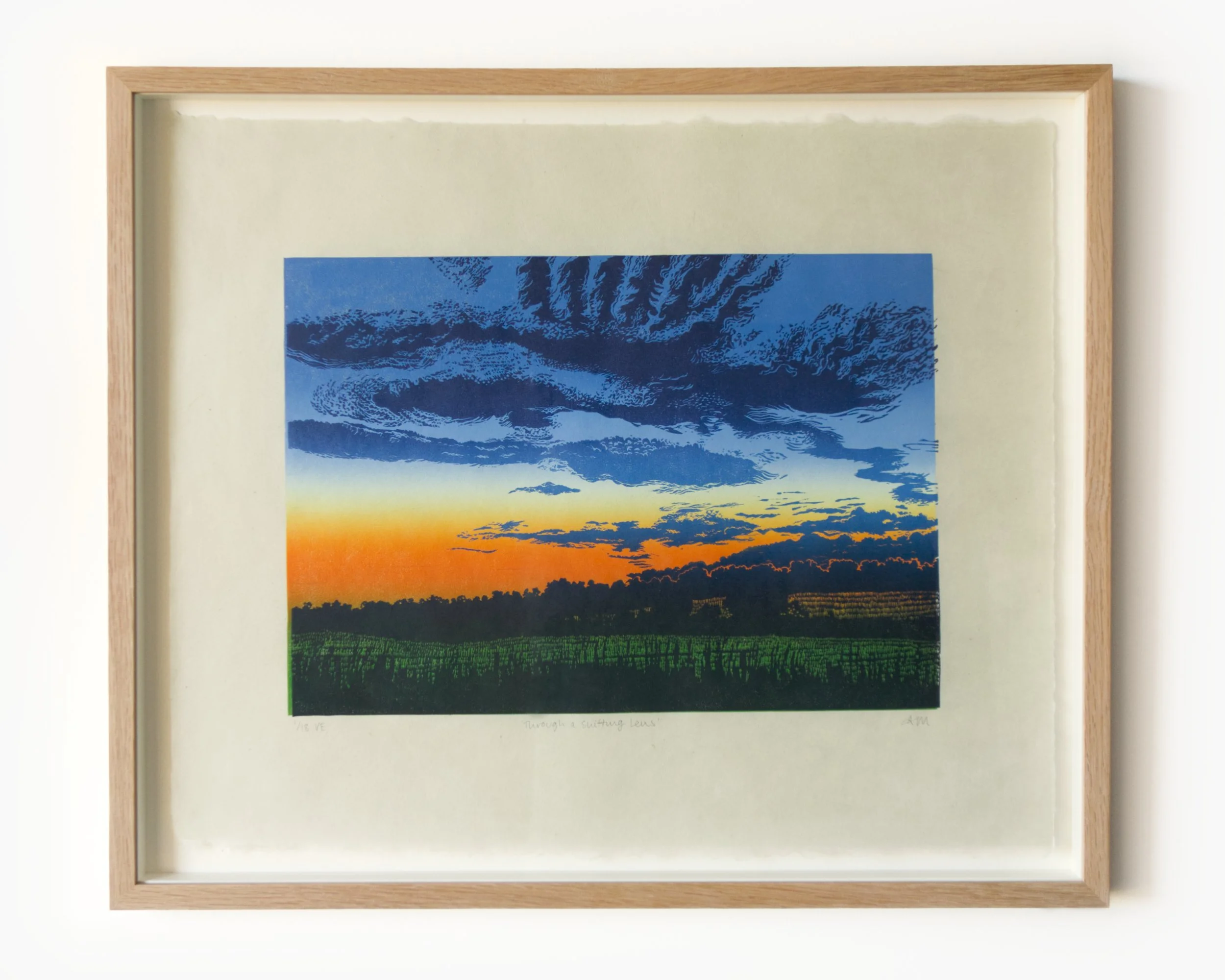 Through a Shifting Lens, 2025 
Limited Varied Edition of 18 
Lino Print on Kitakata Green Awagami Washi 36gsm 
43x52cm