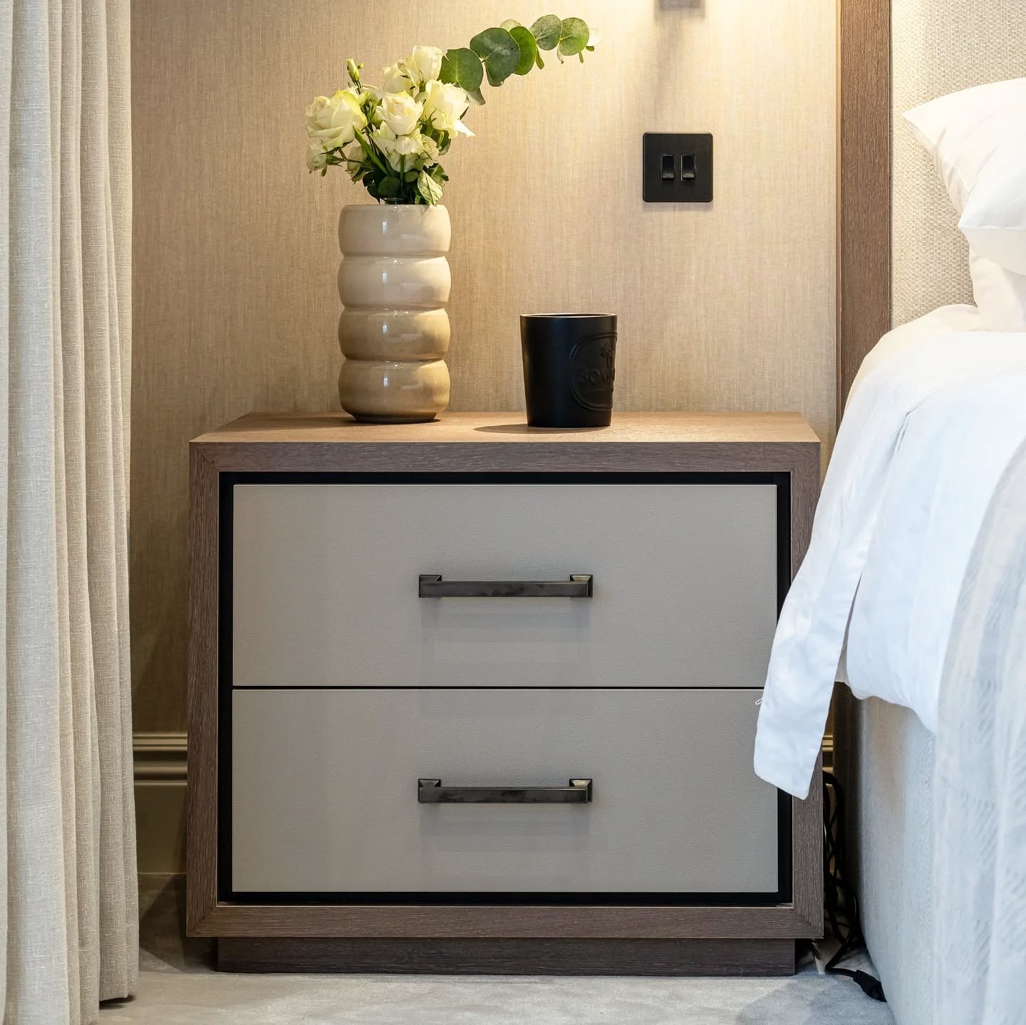 This matching pair of bedside tables adds a truly luxurious touch to the master bedroom suite.

Crafted from Brown Orleans Oak Egger with drawer fronts featuring a stylish leather-effect decorative panel, combining elegance with contemporary design.
