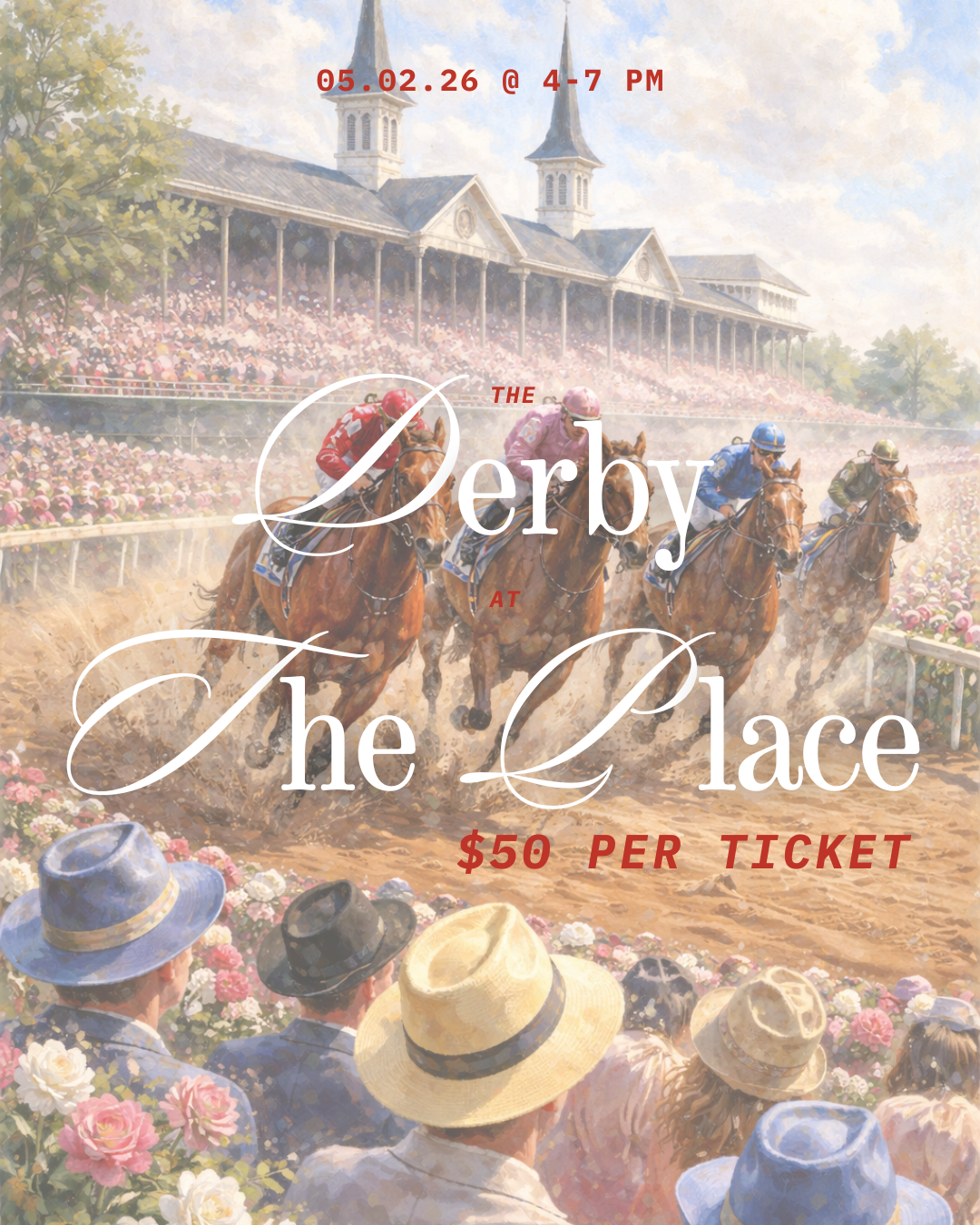 Colorful horse racetrack scene with jockeys racing and a crowd of spectators, overlaid with event details for a derby at The Place on May 2, 2026, at 4:00 PM.