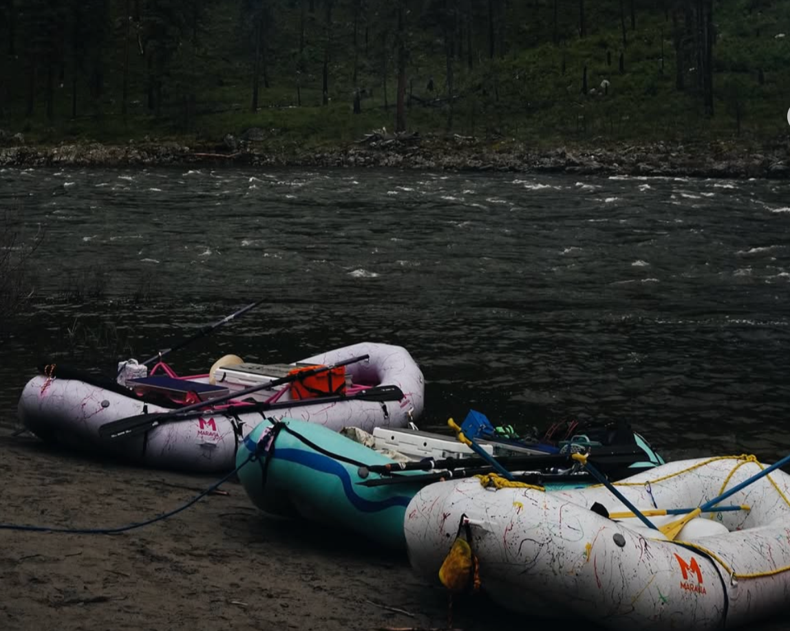 3 custom painted Maravia rafts with thermofused seams, on the Middle Fork of the Salmon River.