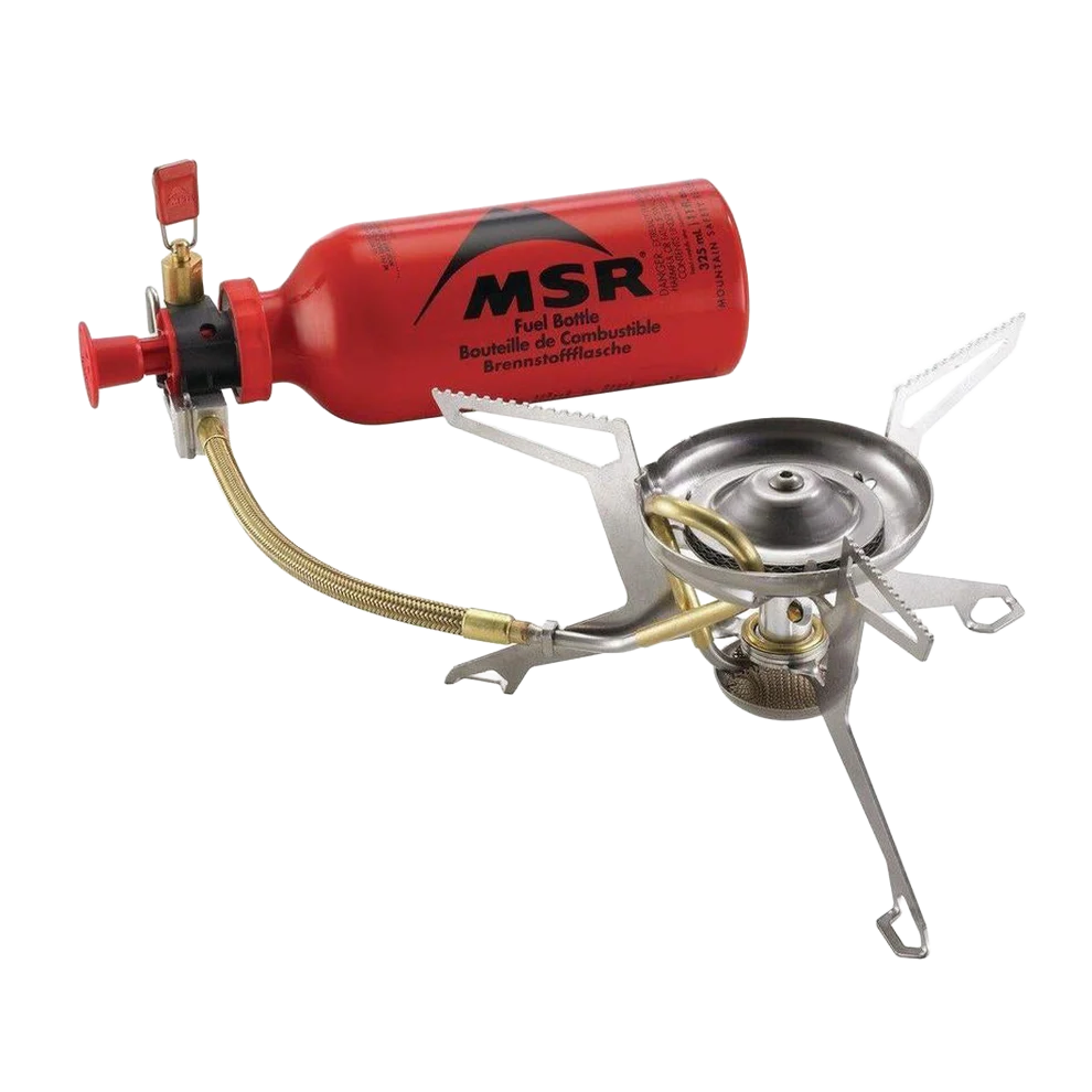 A MSR Whisperlite sitting with a pottle of white gas fule